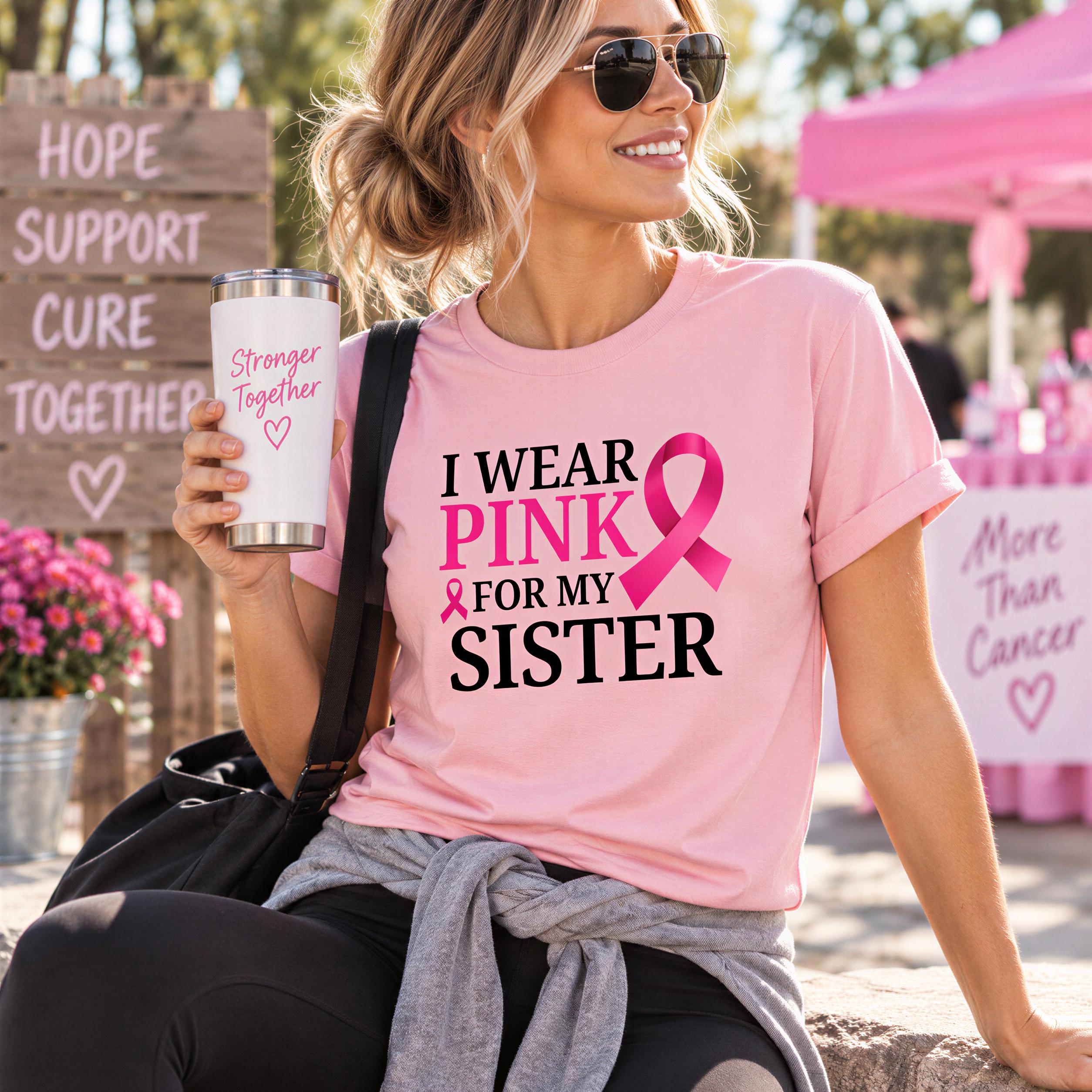 A woman wearing a pink t-shirt with the text "I WEAR PINK FOR MY SISTER" is holding a cup with the text "Stronger together" on it. She is sitting on a bench and smiling.