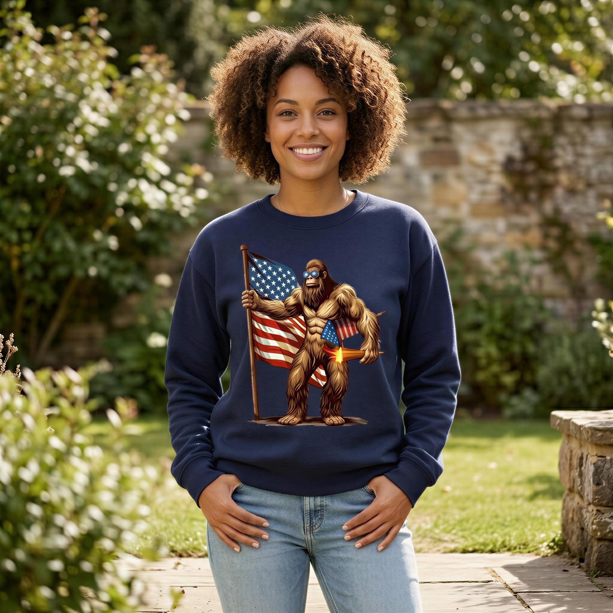 A woman wearing a navy blue sweatshirt with an image of a muscular, furry creature holding an American flag.