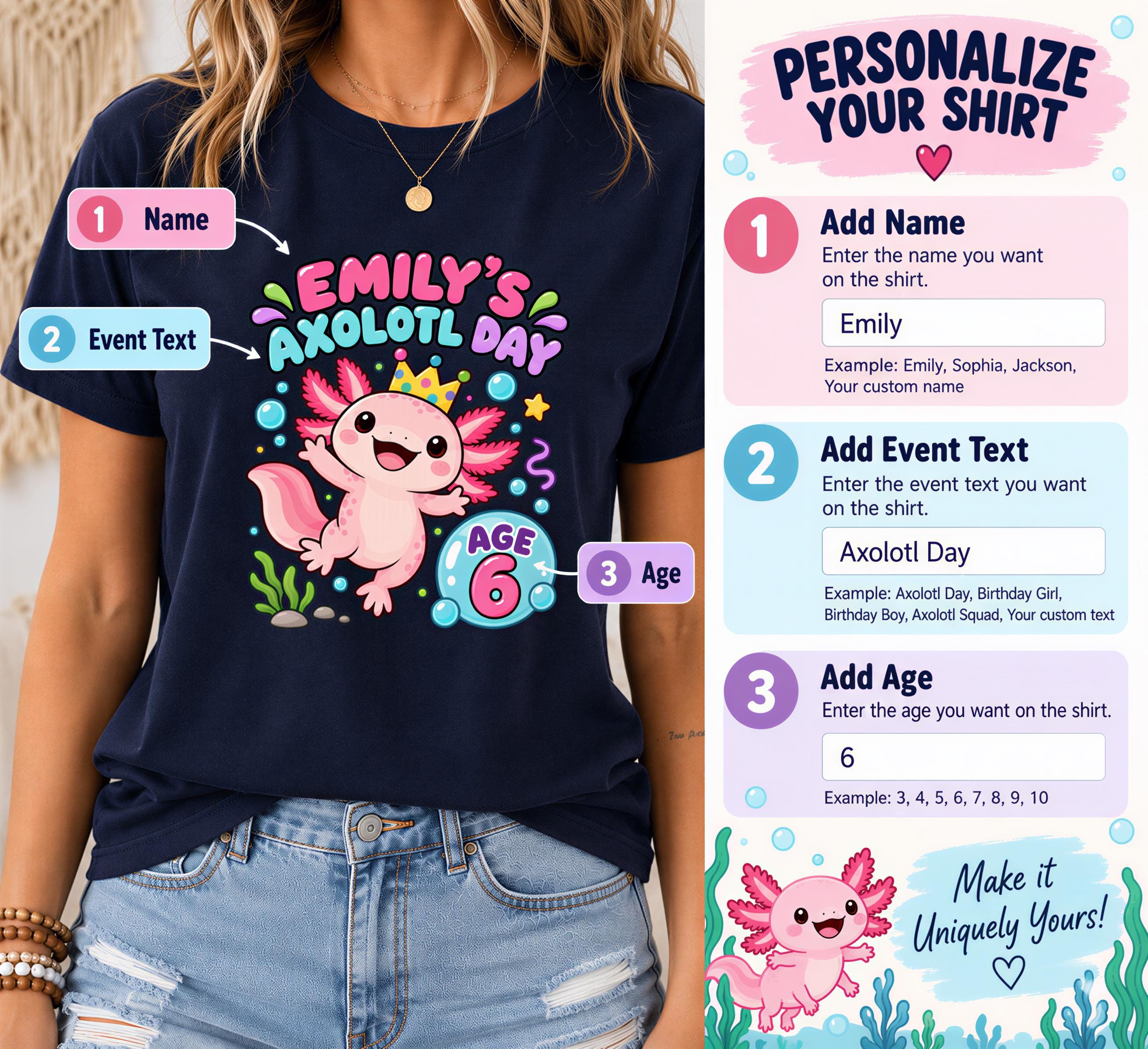 a woman wearing a black t-shirt with a custom design of a pink axolotl, a type of salamander, and a birthday theme. The design includes text and illustrations related to the axolotl's birthday, such as the name, event text, and age.
