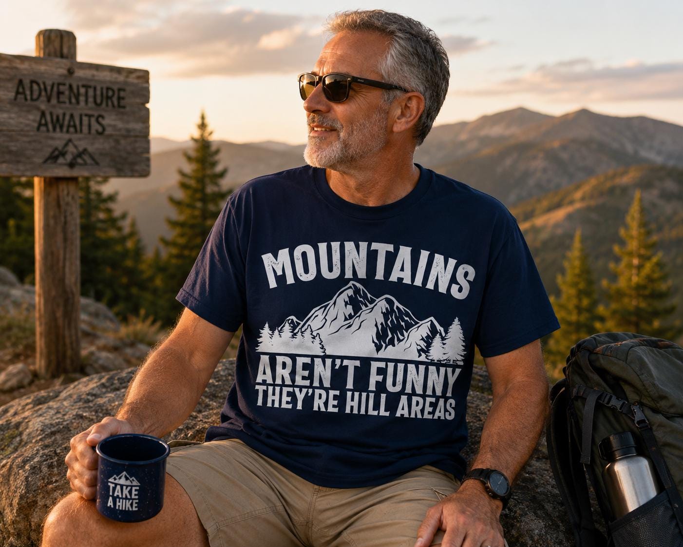 A man wearing a blue t-shirt with a mountain graphic and the text "MOUNTAINS AREN'T FUNNY THEY'RE HILL AREAS" is sitting on a rock with a backpack, holding a mug and looking towards the mountains in the background.