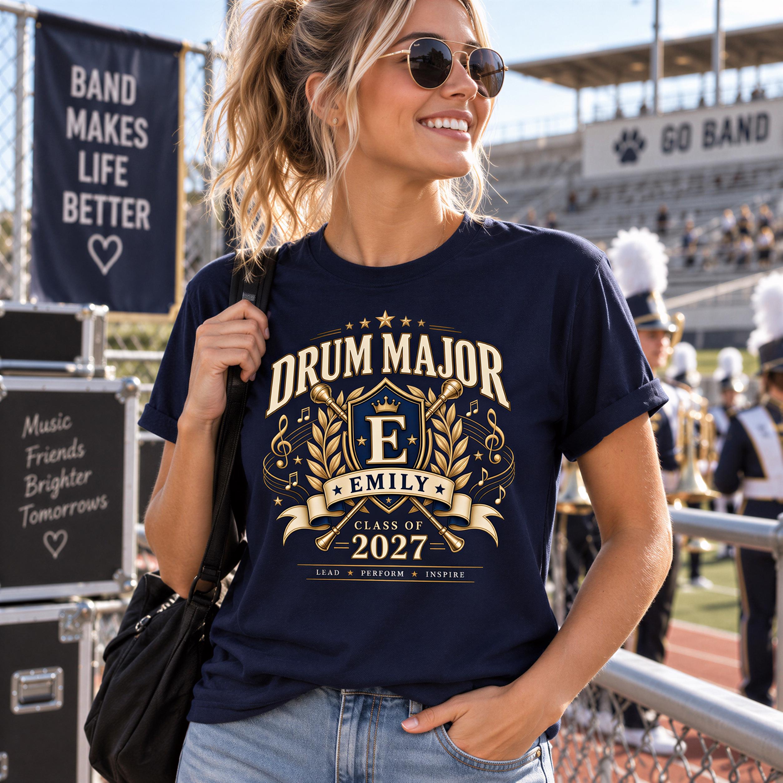 A smiling woman wearing sunglasses and a blue t-shirt with a drum major design stands in front of a banner that says "Band makes life better".