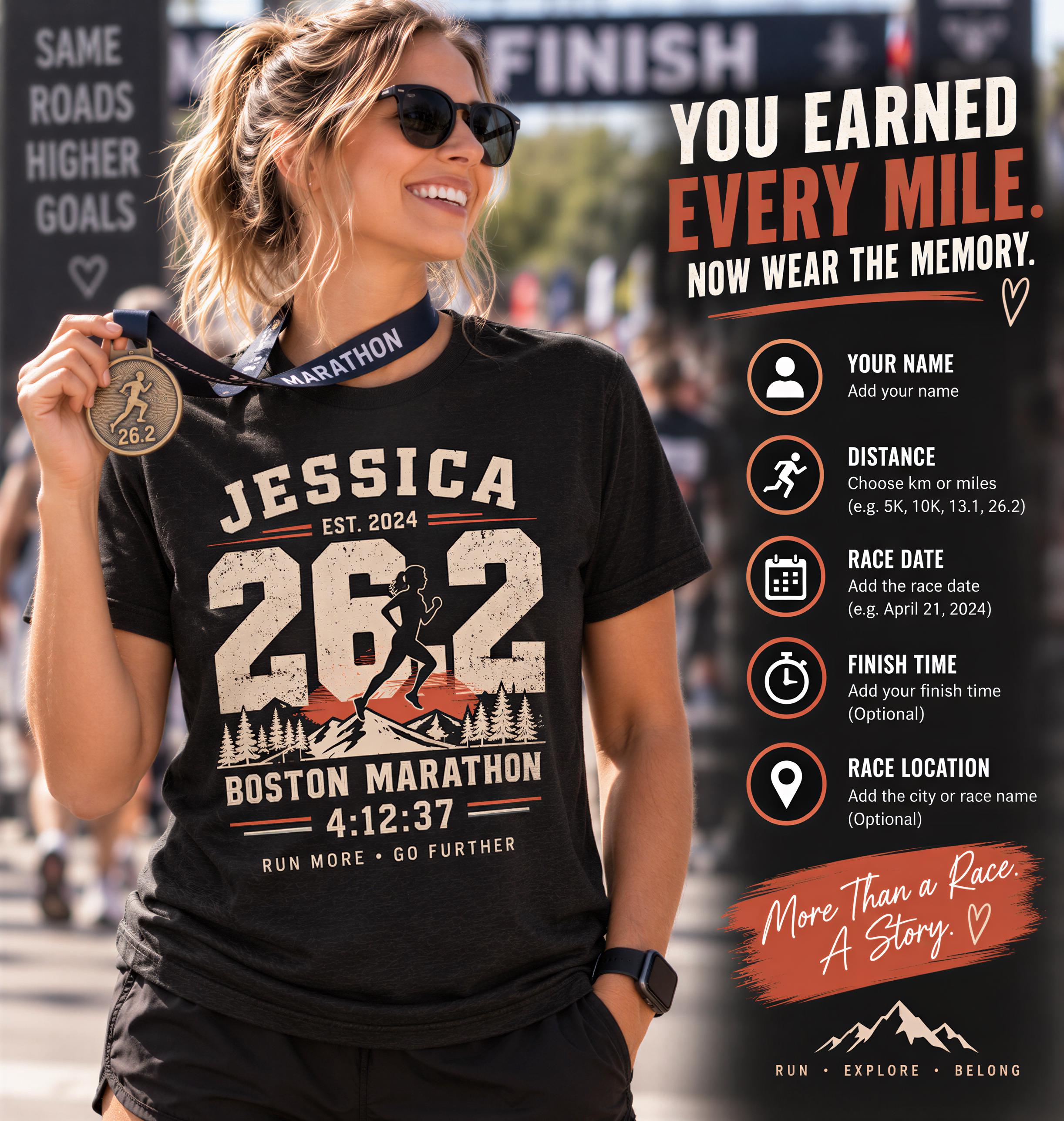 A woman wearing a black t-shirt with a large number "262" and the text "Boston Marathon" is smiling and holding a medal.