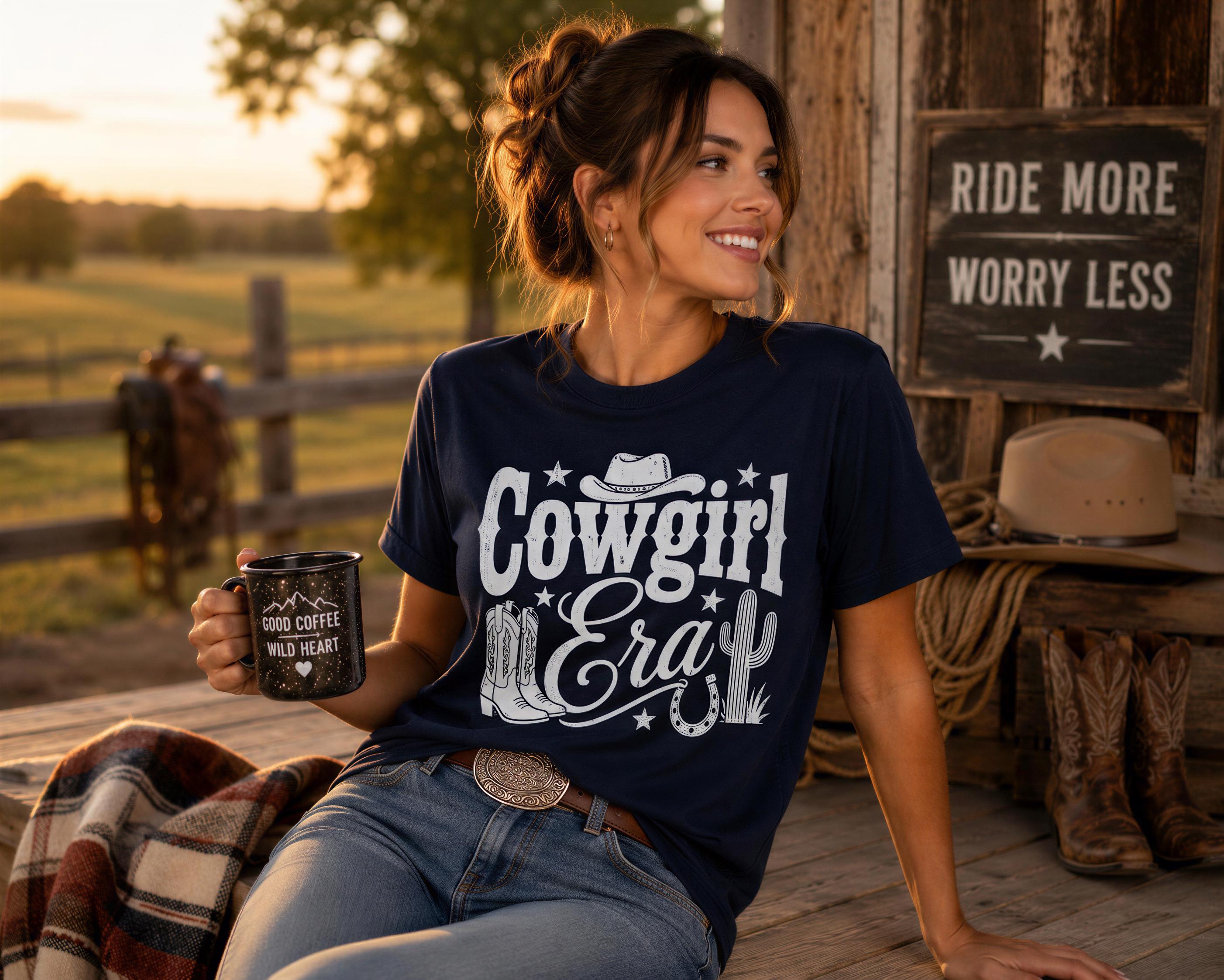 A woman wearing a blue t-shirt with the text "COWGIRL ERA" is sitting on a wooden bench, holding a coffee mug and smiling.