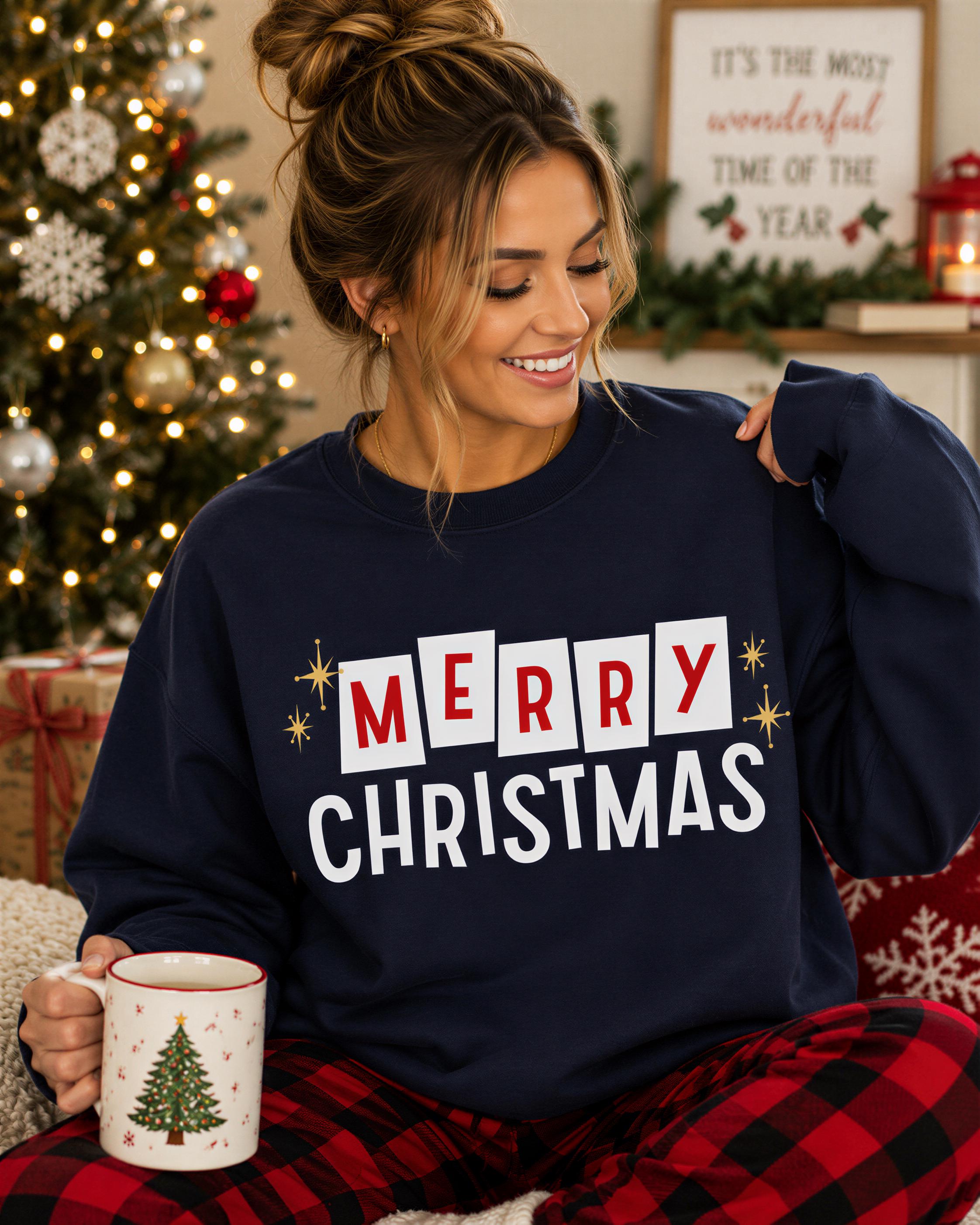 A woman wearing a navy blue sweatshirt with the text "Merry Christmas" is sitting in front of a Christmas tree, smiling and holding a mug.