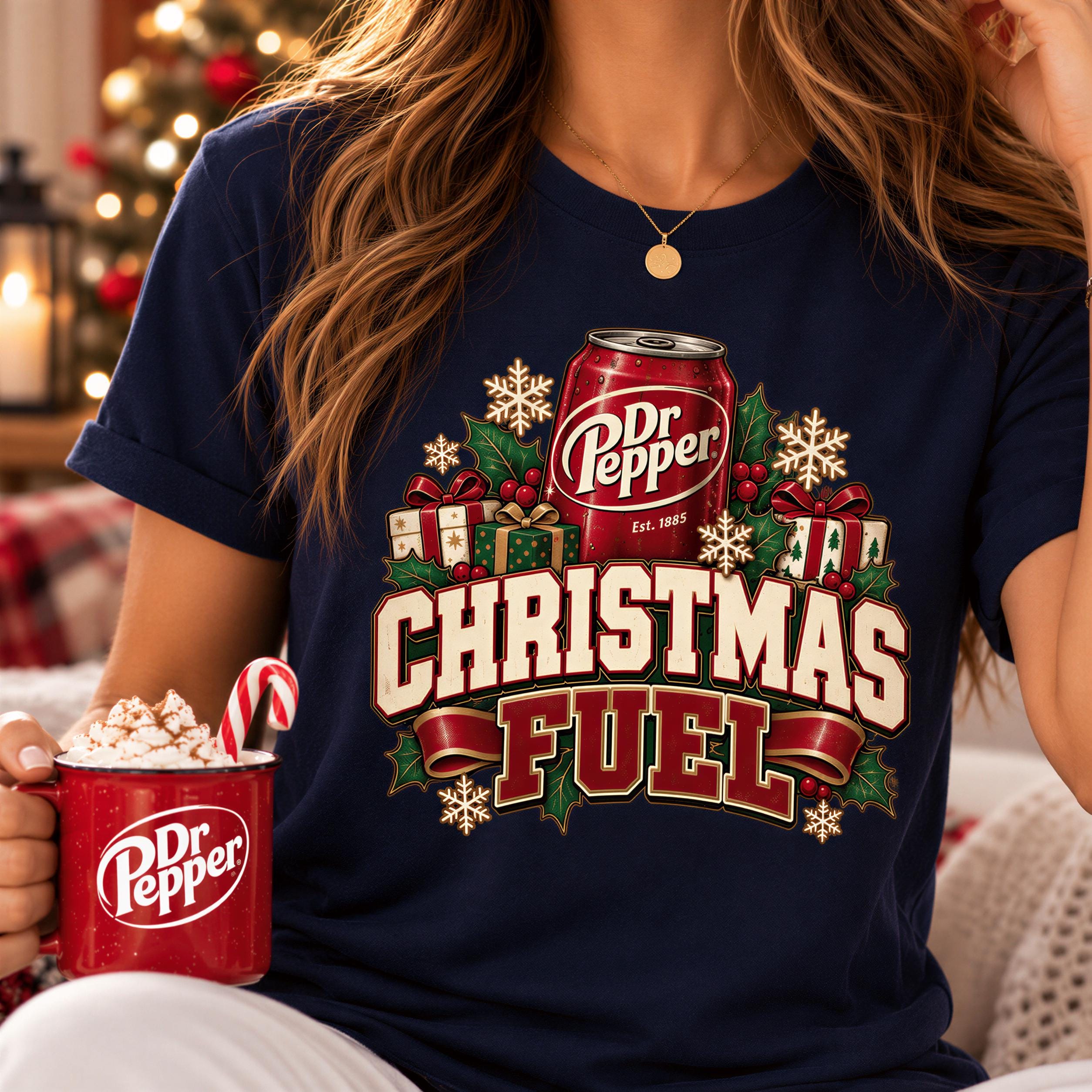 A woman wearing a blue t-shirt with a Christmas-themed design, holding a mug of hot chocolate and a can of Dr Pepper.