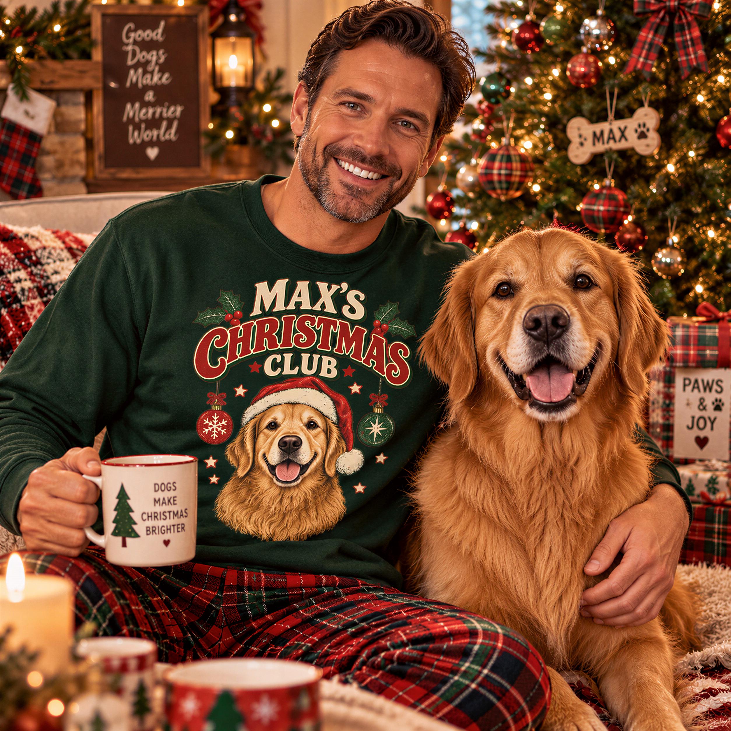 A man in a green Christmas-themed shirt and plaid pajama bottoms is sitting on a couch with a golden retriever dog, holding a mug with a Christmas tree design.