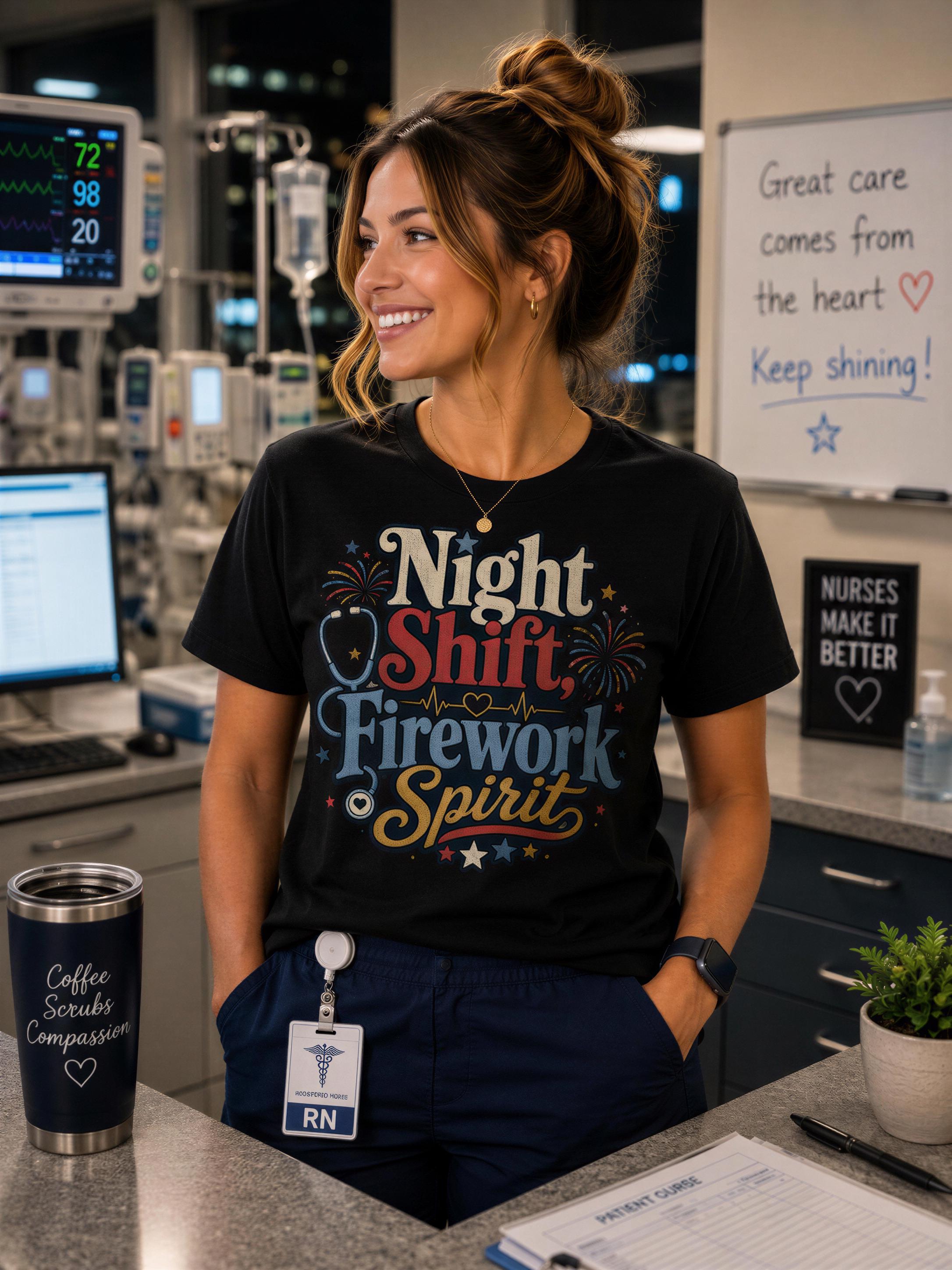 A smiling woman wearing a black t-shirt with a colorful design stands in a medical setting, surrounded by medical equipment and supplies.
