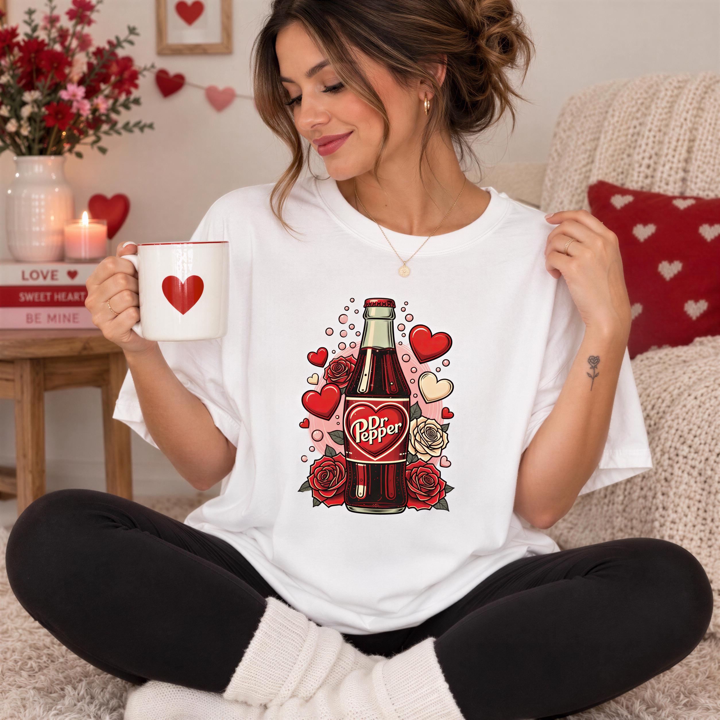 A woman sitting on the floor, wearing a white t-shirt with a graphic of a bottle of Dr Pepper and hearts, holding a mug.