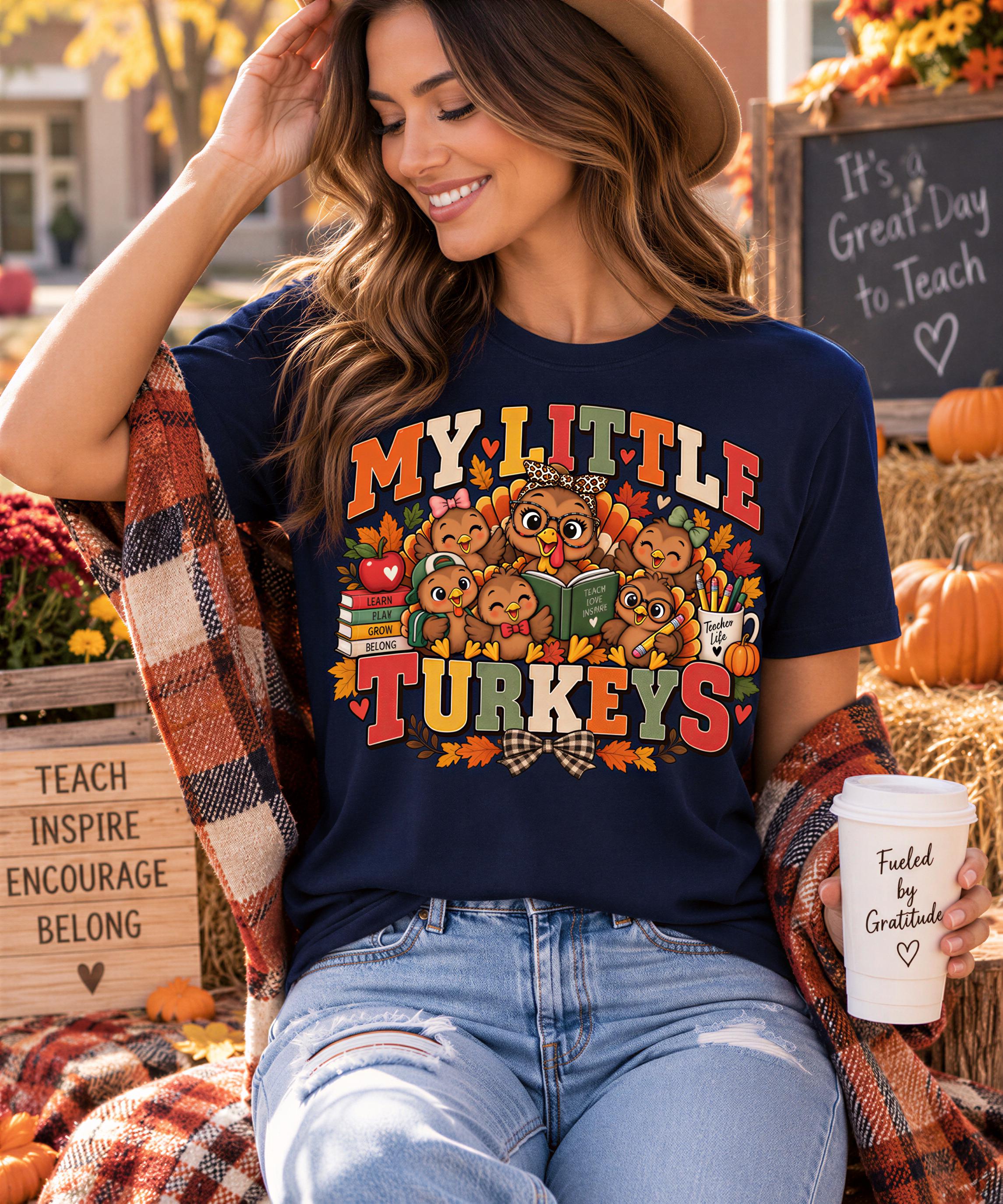 A woman wearing a blue t-shirt with a graphic of turkeys and the text "My little turkeys" is sitting in front of a chalkboard sign that says "It's a Great Day to Teach". She is holding a coffee cup and a plaid blanket.