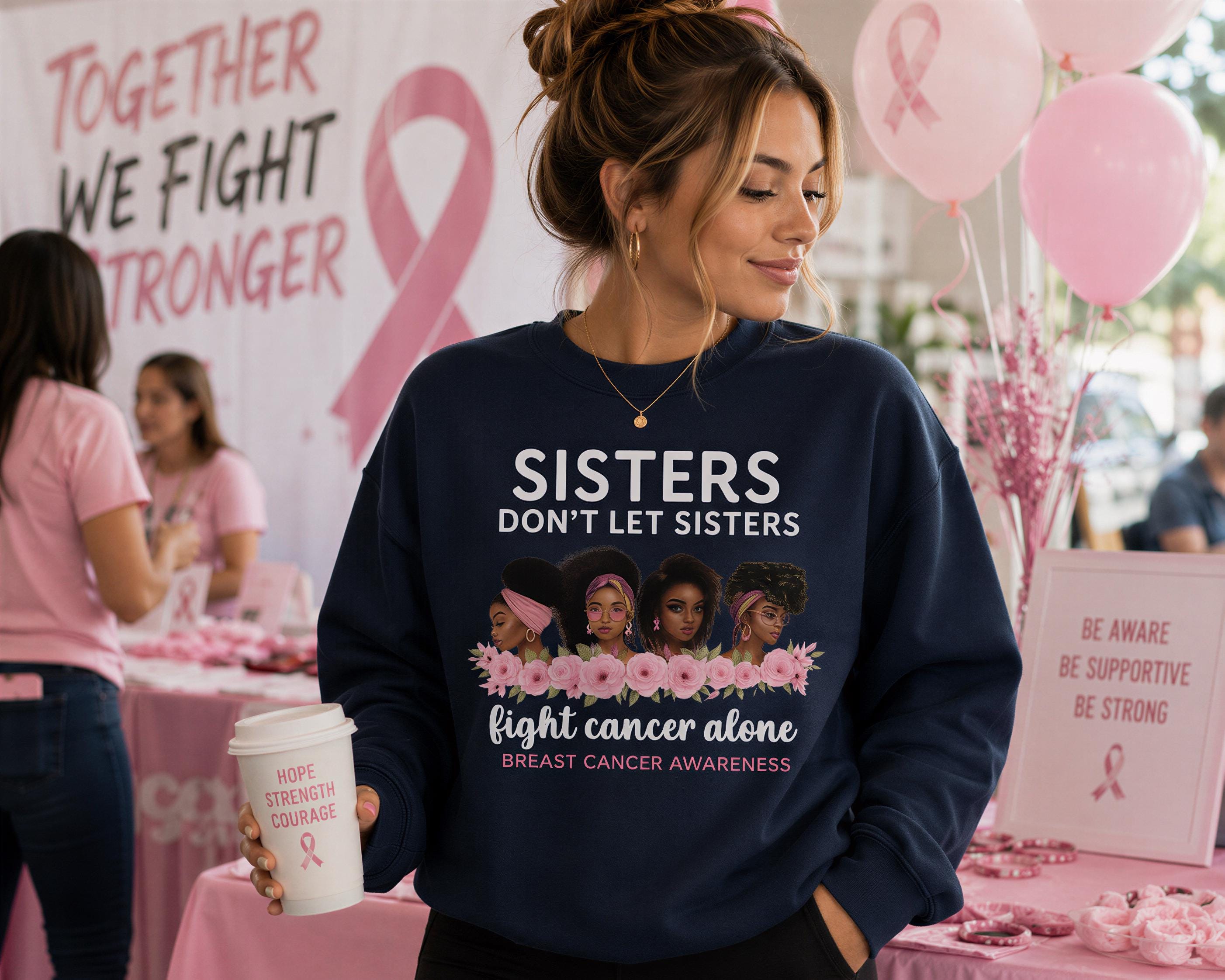 A woman wearing a navy blue sweatshirt with a pink ribbon design and text stands in front of a pink ribbon banner, holding a coffee cup.