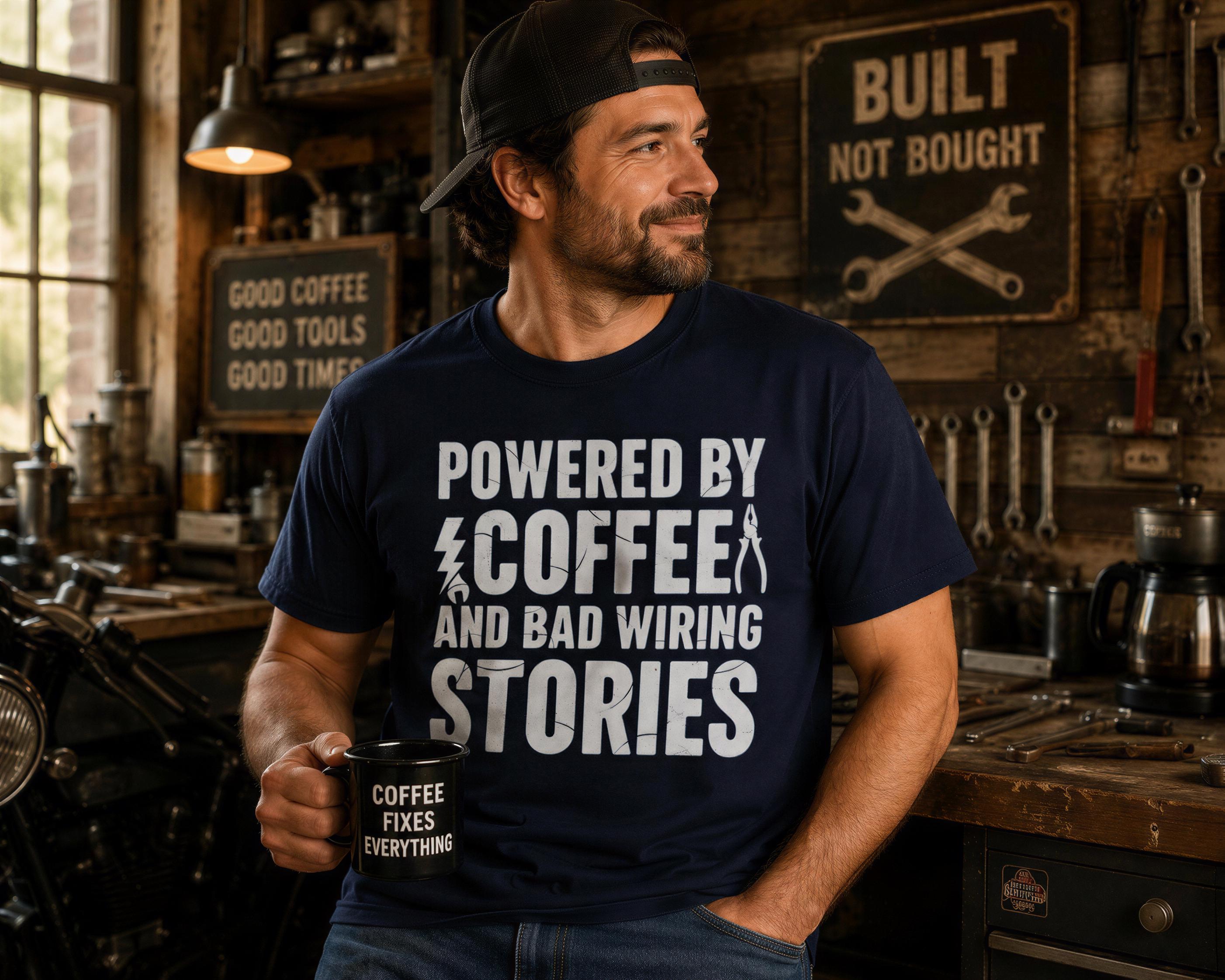 A man wearing a black baseball cap and a navy blue t-shirt with white text stands in a workshop, holding a coffee mug with the text "COFFEE FIXES EVERYTHING".