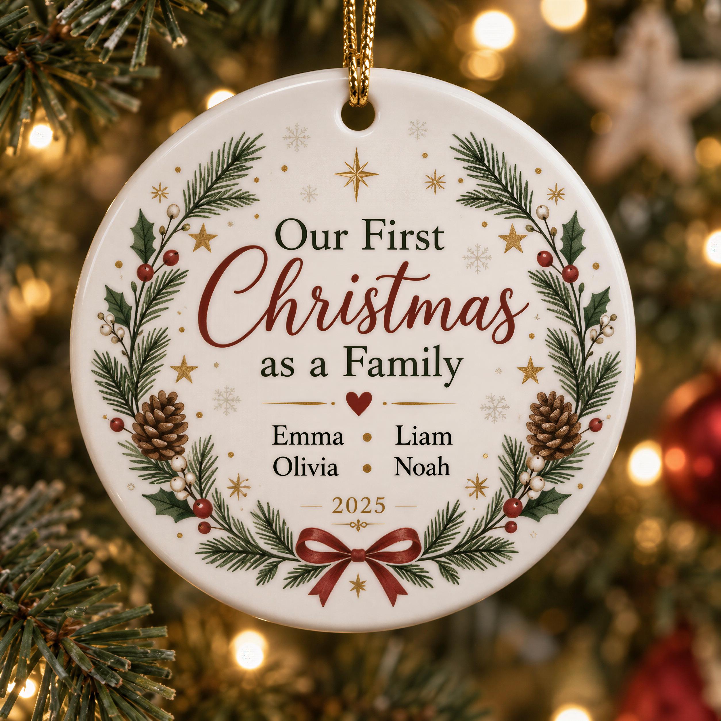 A white Christmas ornament with a wreath design, featuring the text "Our First Christmas as a Family" and the names "Emma, Liam, Olivia, Noah" below it.
