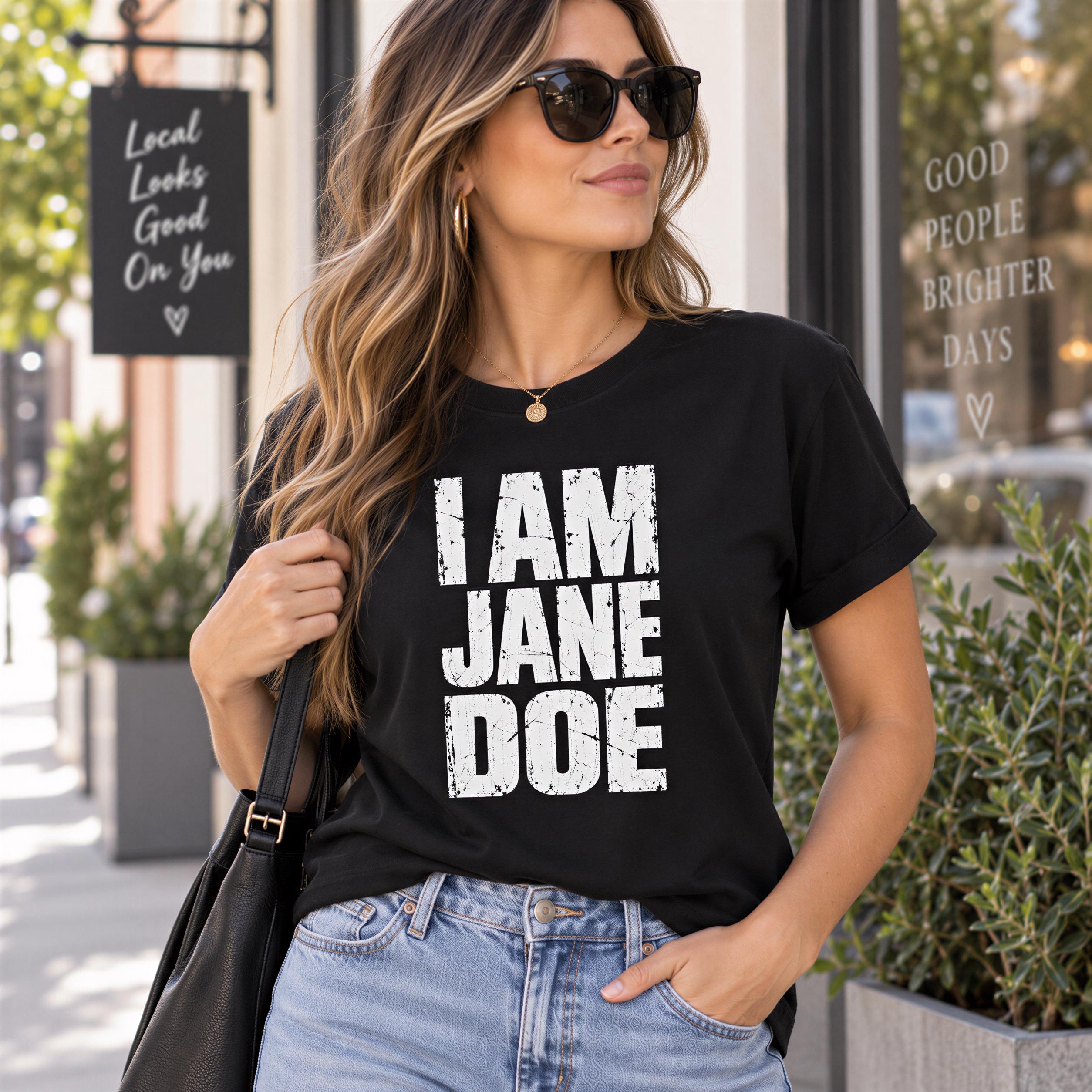 A woman wearing a black t-shirt with the text "I AM JANE DOE" and sunglasses, standing in front of a storefront.