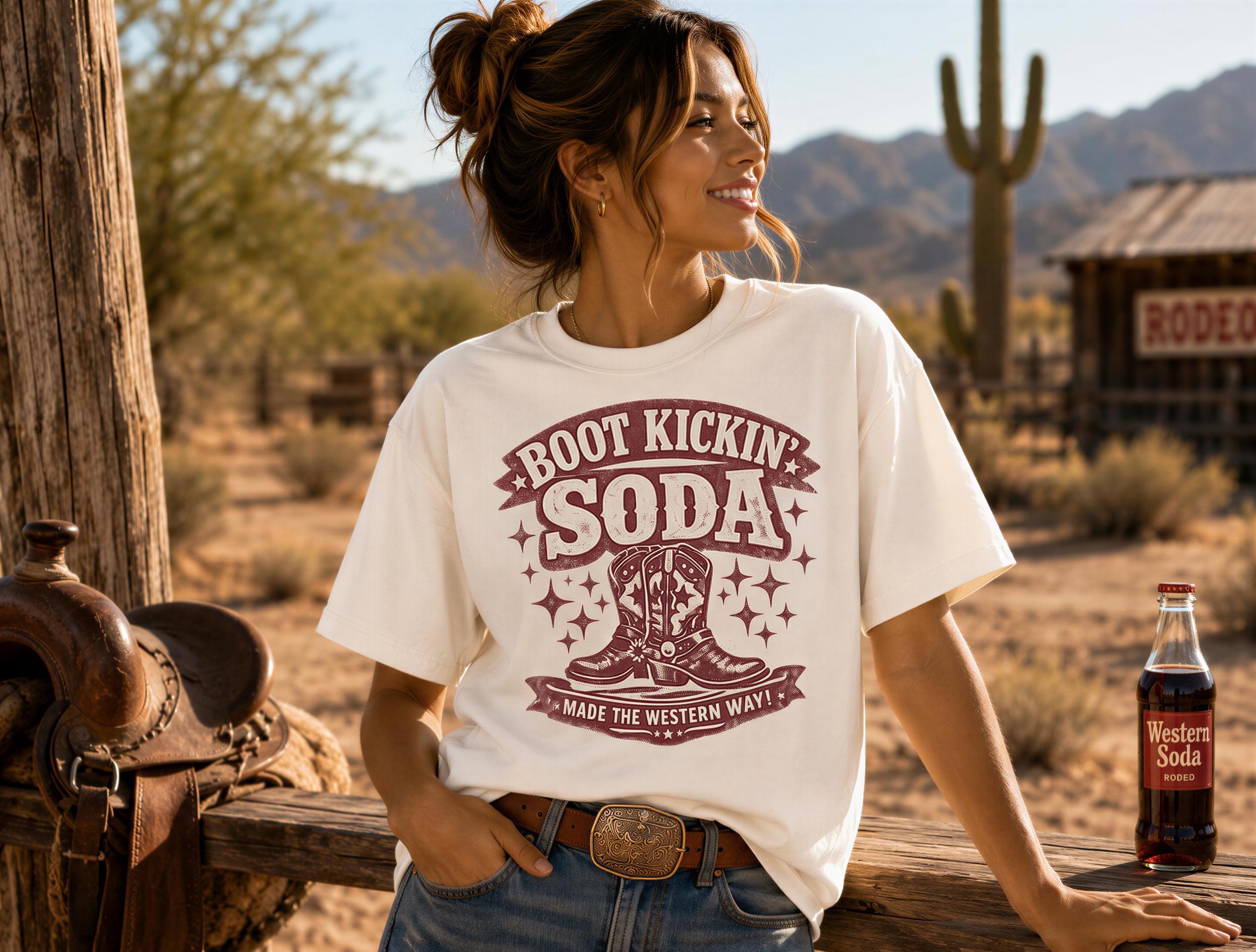 A woman wearing a white t-shirt with a graphic design stands in a desert-like setting, leaning against a wooden fence.