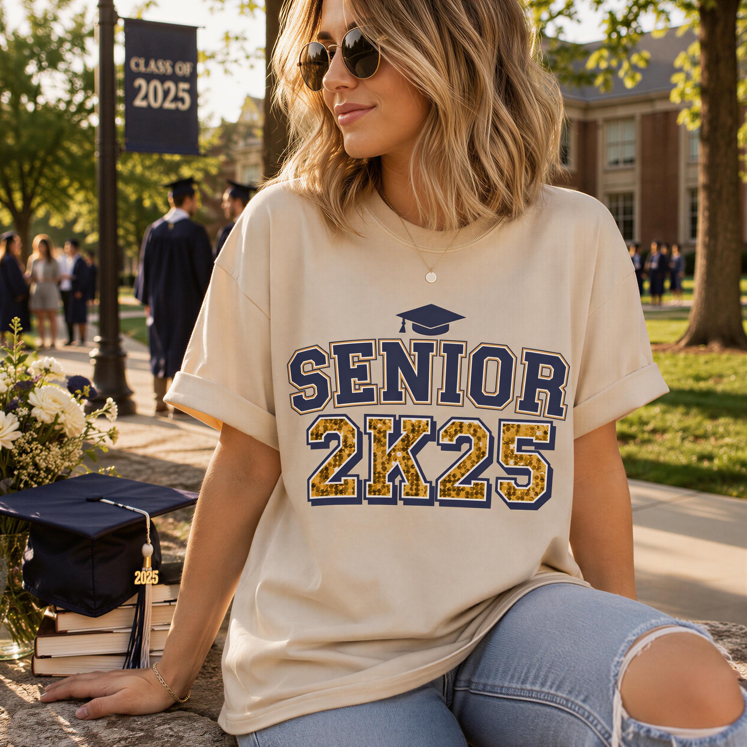 A woman wearing a t-shirt with the text "SENIOR 2K25" sits on a bench, with a graduation cap and books nearby.