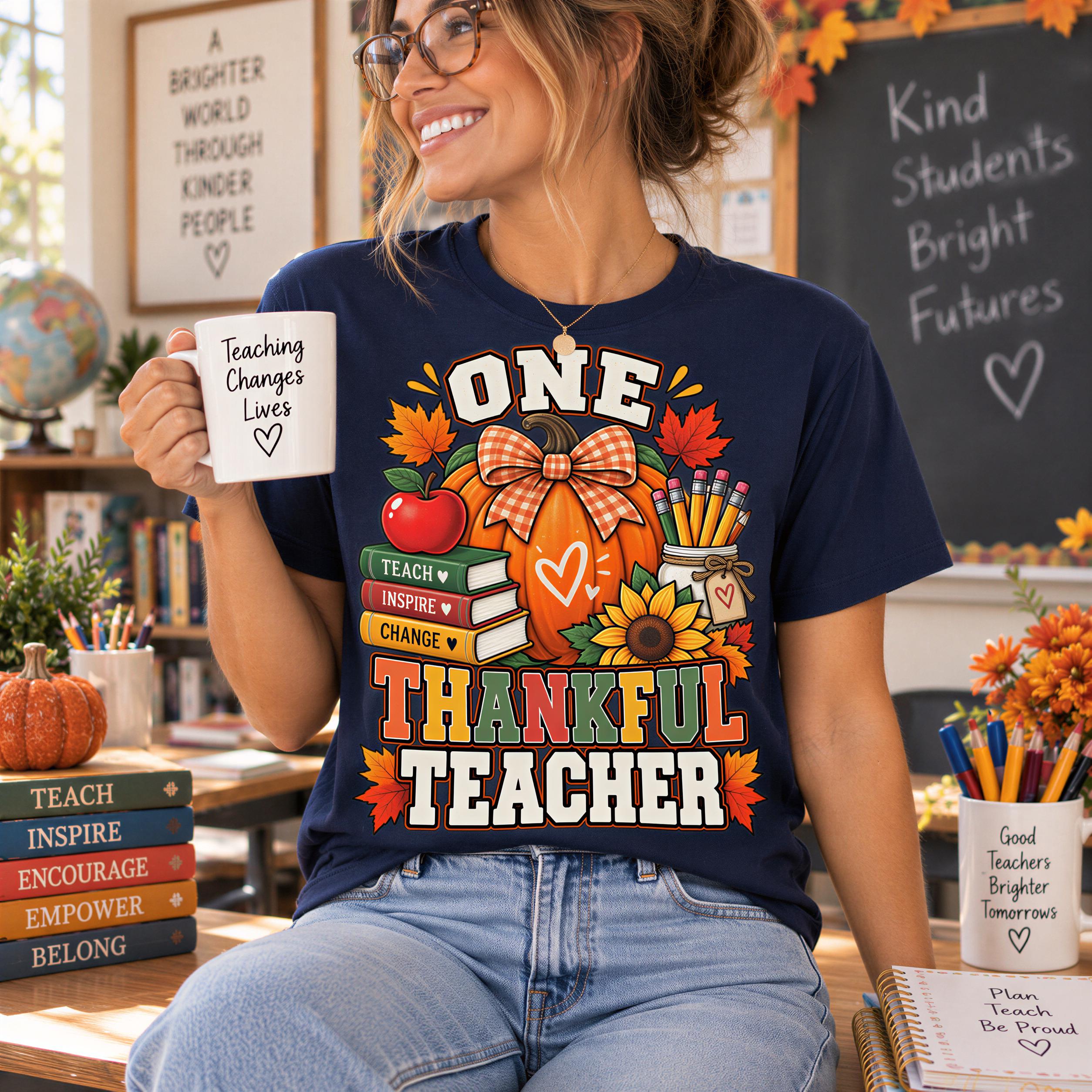 A woman wearing a blue t-shirt with a graphic design and holding a coffee mug is sitting in a classroom setting with books, a globe, and a chalkboard visible in the background.