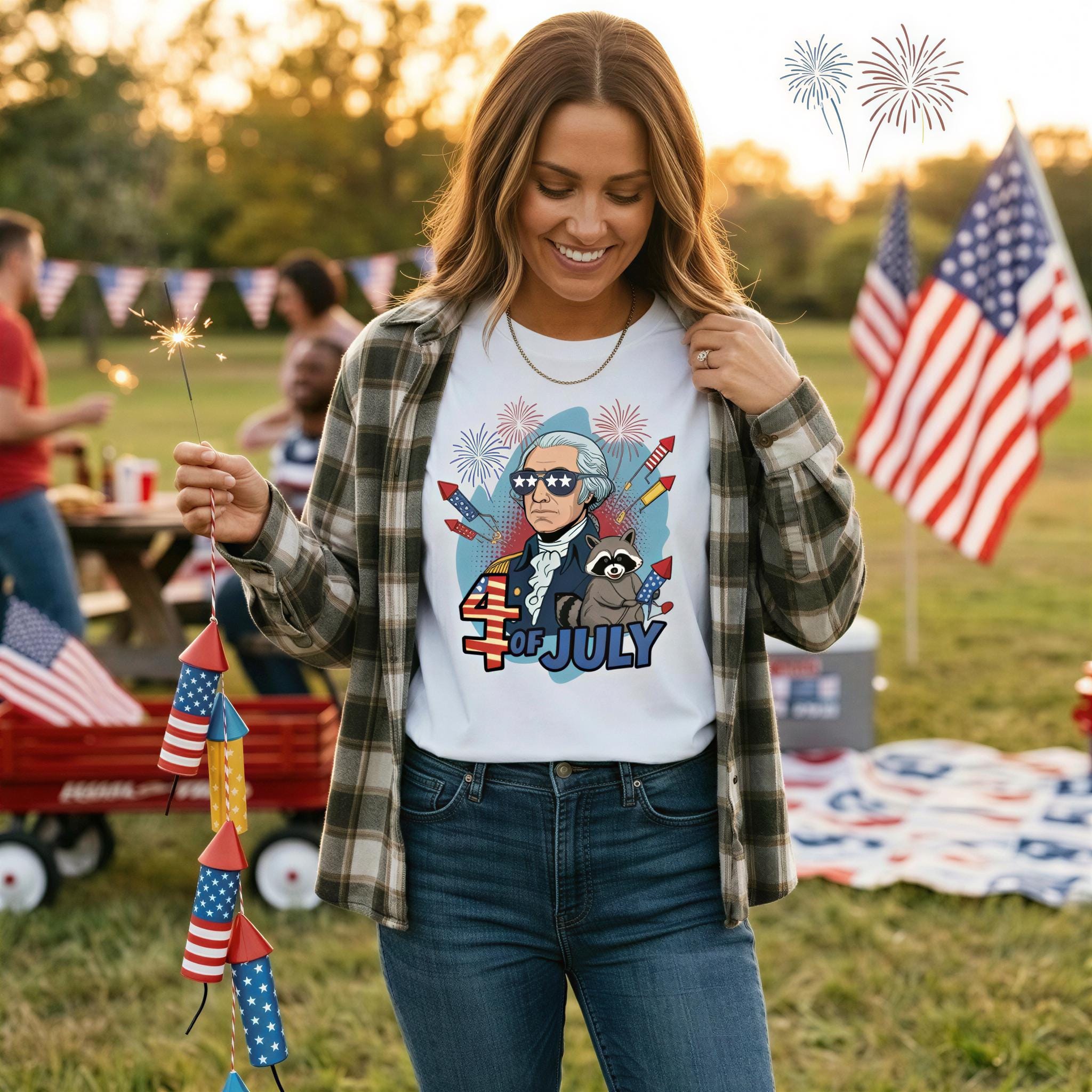 A woman is standing in a grassy field, holding a sparkler and wearing a t-shirt with a graphic of a man and fireworks. There are American flags and a picnic table in the background, suggesting a festive outdoor setting.