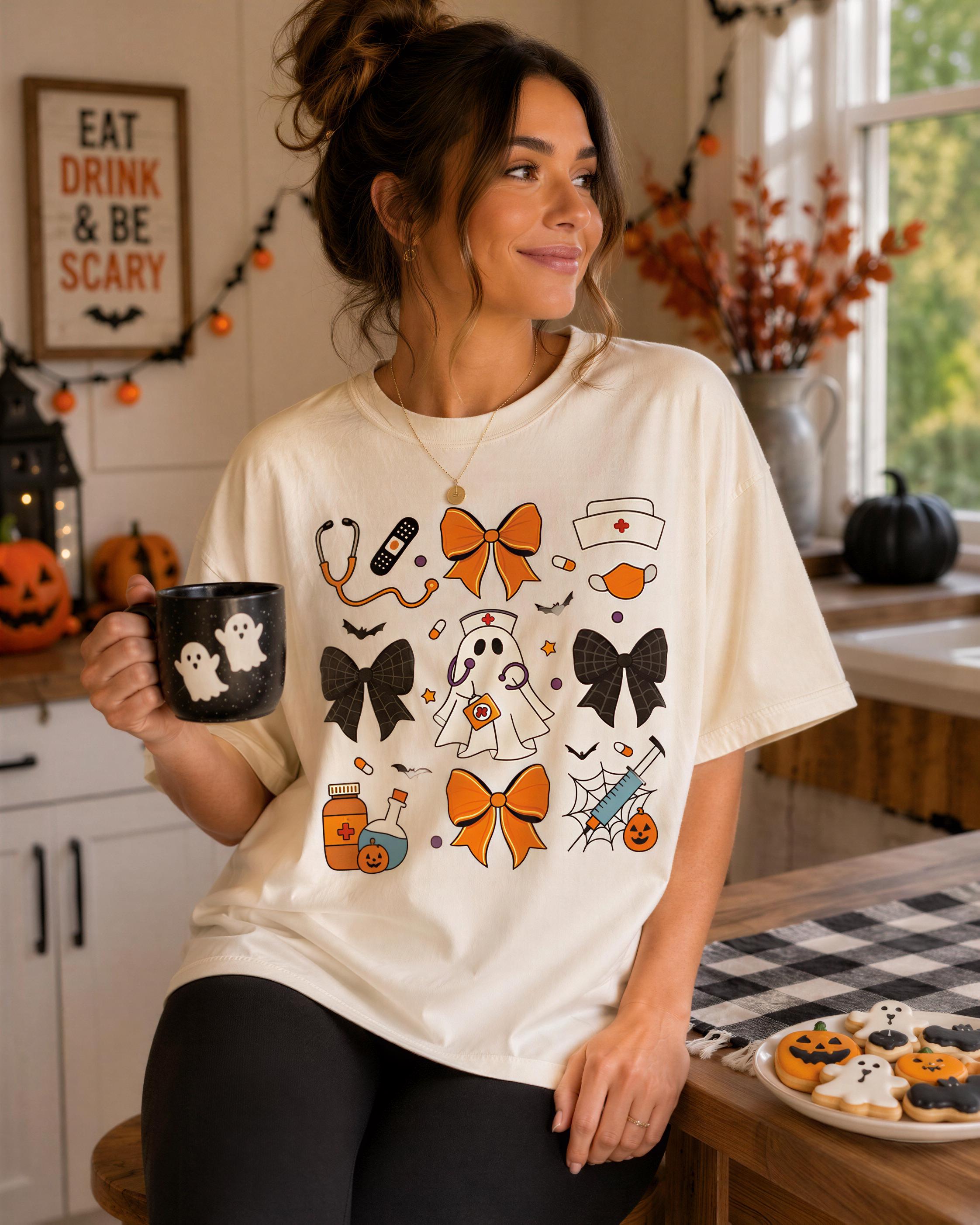 A woman wearing a white t-shirt with Halloween-themed illustrations is holding a mug and standing in a kitchen decorated for Halloween.