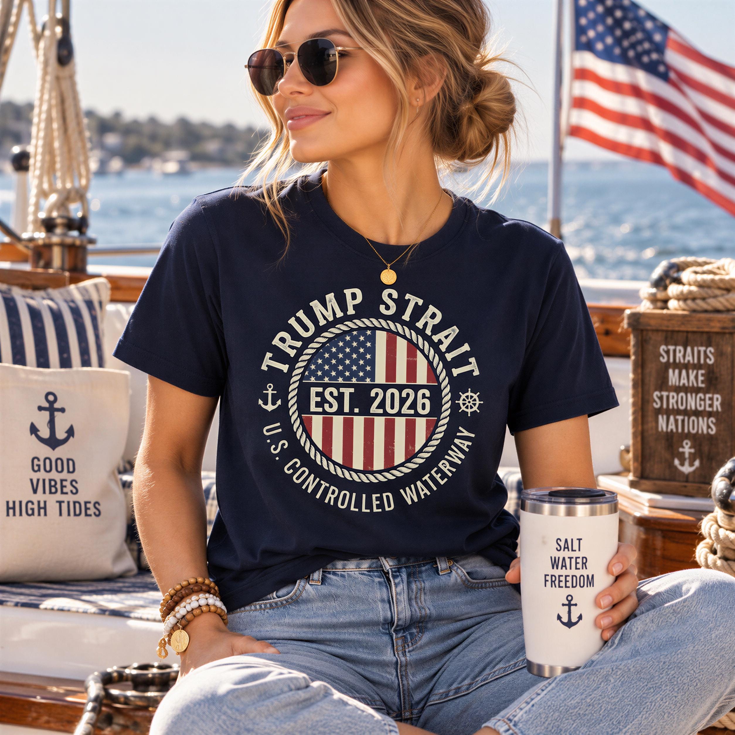 A woman wearing sunglasses and a navy blue t-shirt with a graphic design is sitting on a boat, holding a stainless steel tumbler.