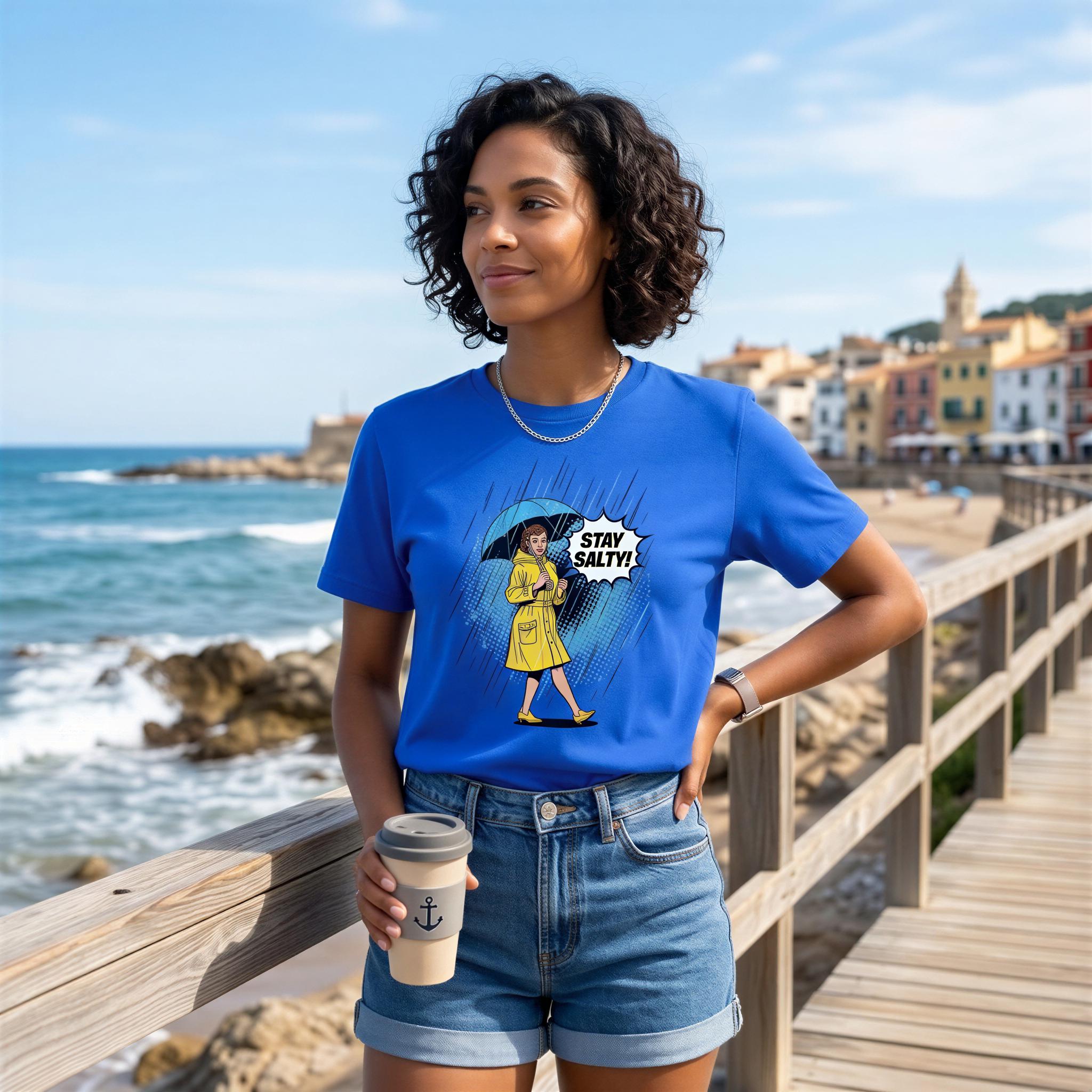 A woman wearing a blue t-shirt with a graphic of a woman holding an umbrella and the text "STOP LITTLE" is standing on a wooden boardwalk overlooking the ocean.