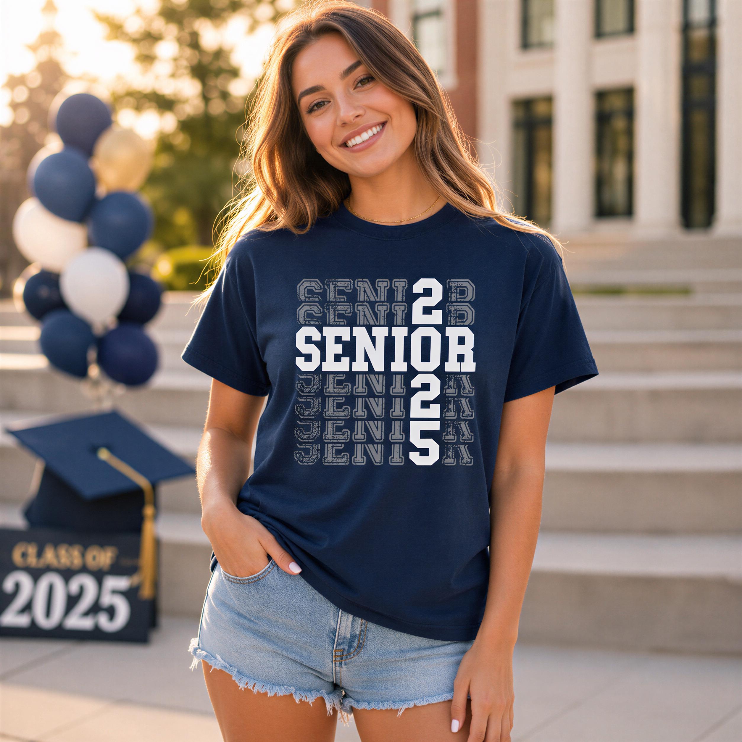 A smiling young woman wearing a navy blue t-shirt with the text "SENIOR" and the number "25" printed on it, standing in front of a graduation cap and balloons.