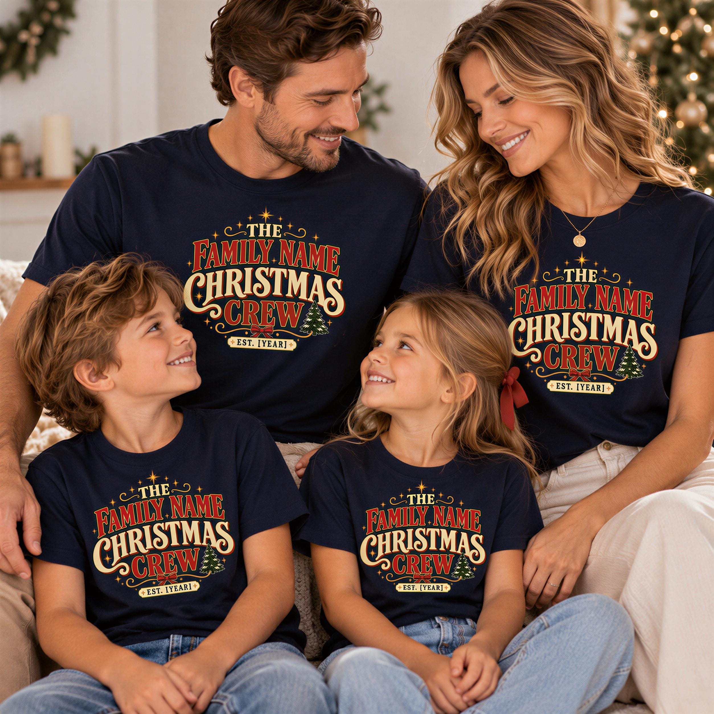 A family of four, consisting of two parents and two children, are wearing matching t-shirts with the text "The Family Name Christmas Crew" printed on them.