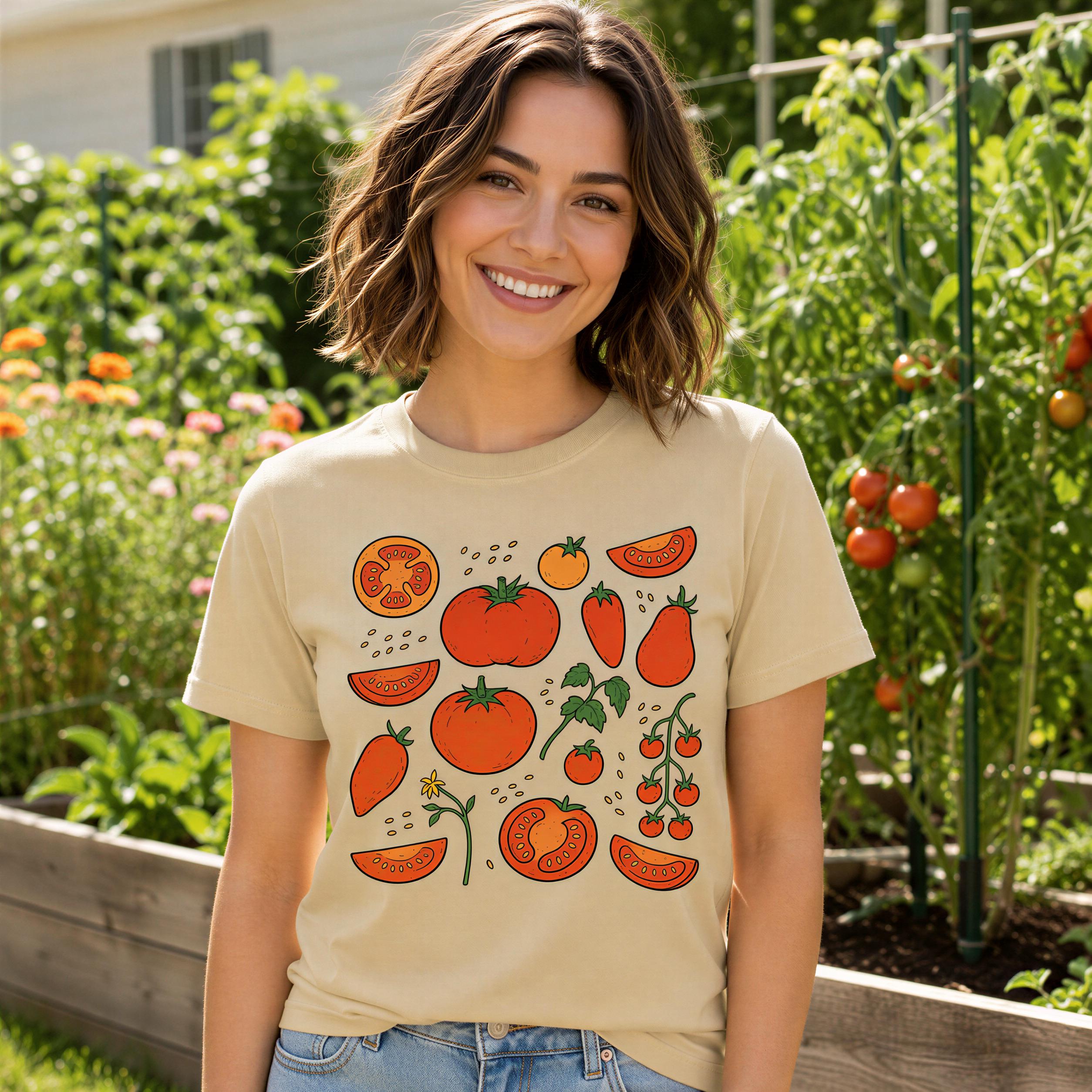 A smiling woman wearing a t-shirt with a graphic of various fruits and vegetables, including tomatoes, peppers, and bananas, standing in a garden.