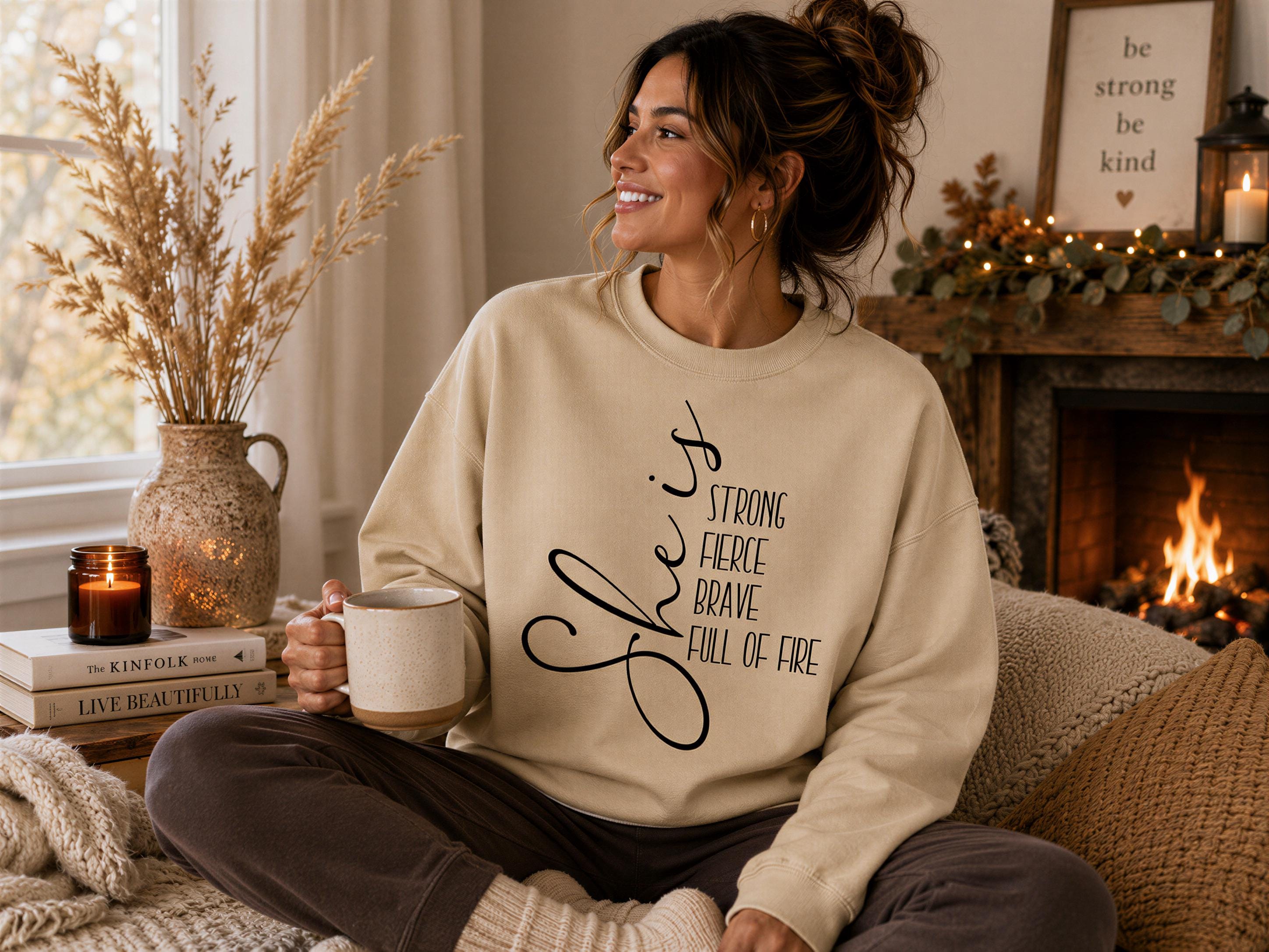 A woman sitting on a couch, smiling and holding a coffee mug, with a fireplace and decorative items in the background.