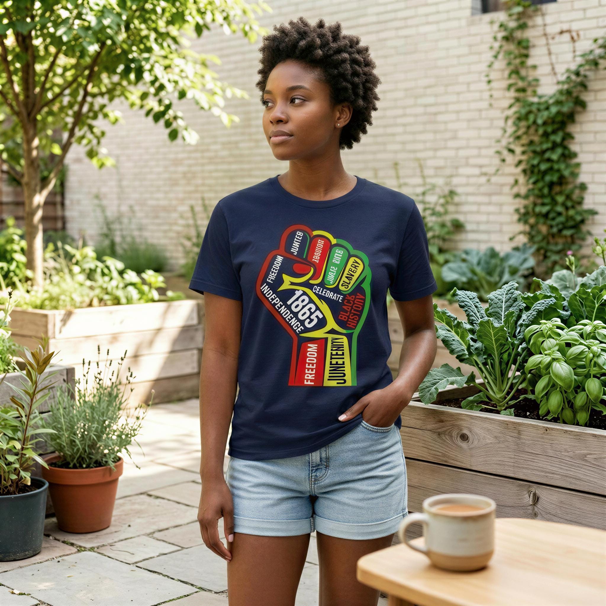 A young woman wearing a navy blue t-shirt with a graphic design stands in a garden surrounded by potted plants.