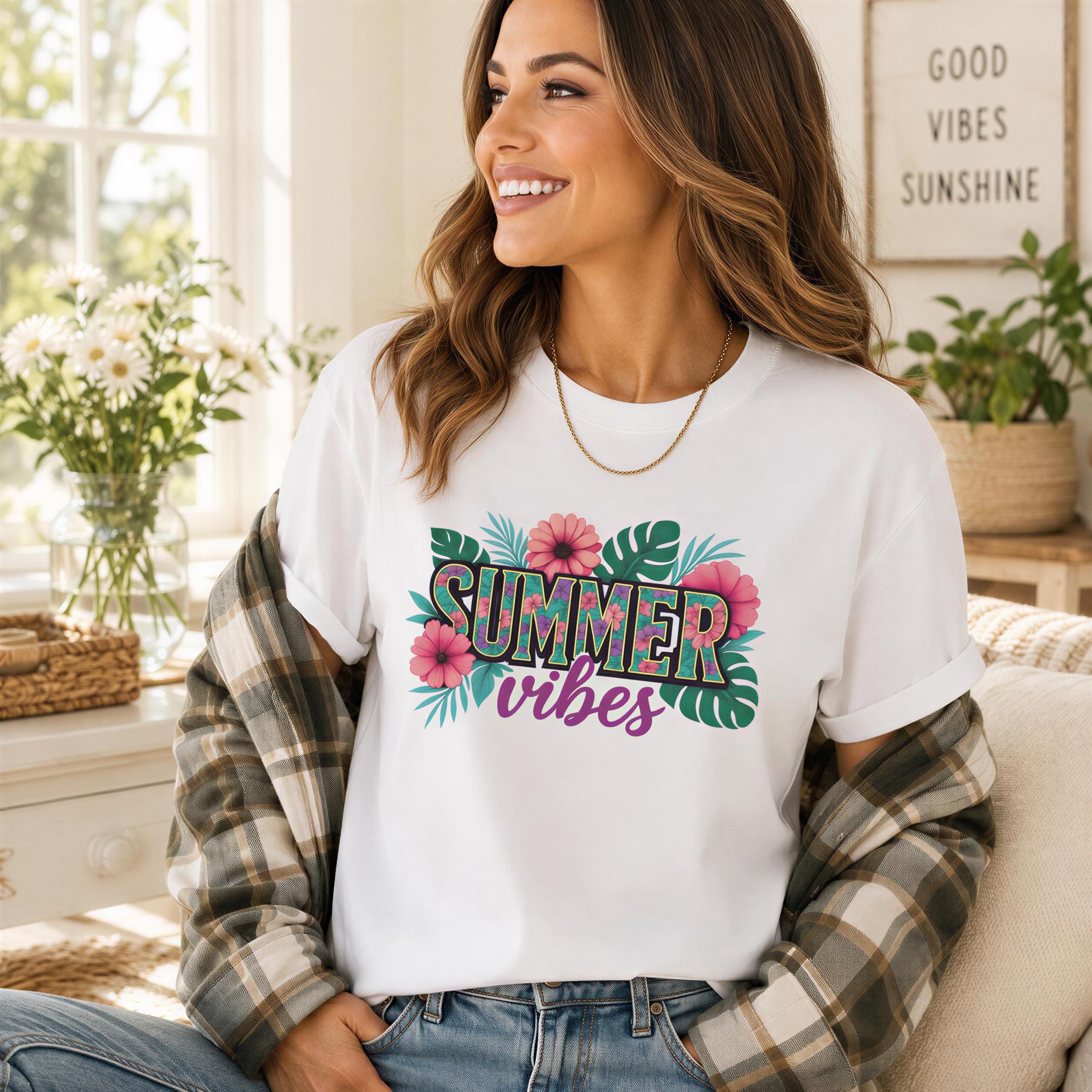 A woman wearing a white t-shirt with a colorful graphic design and text, smiling and sitting in a room with a window and plants.