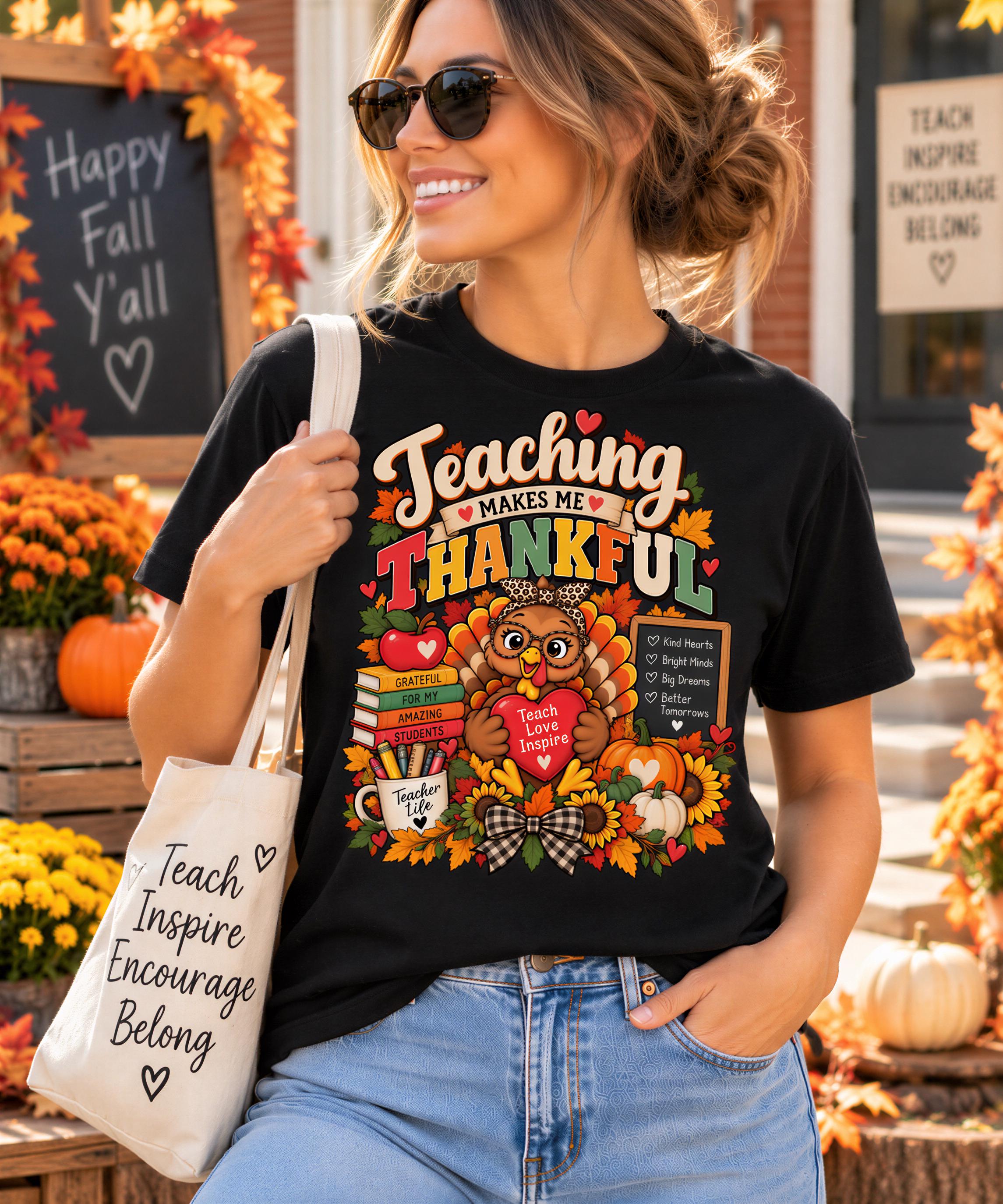 A woman wearing a black t-shirt with a colorful graphic design, smiling and holding a white tote bag with text printed on it.