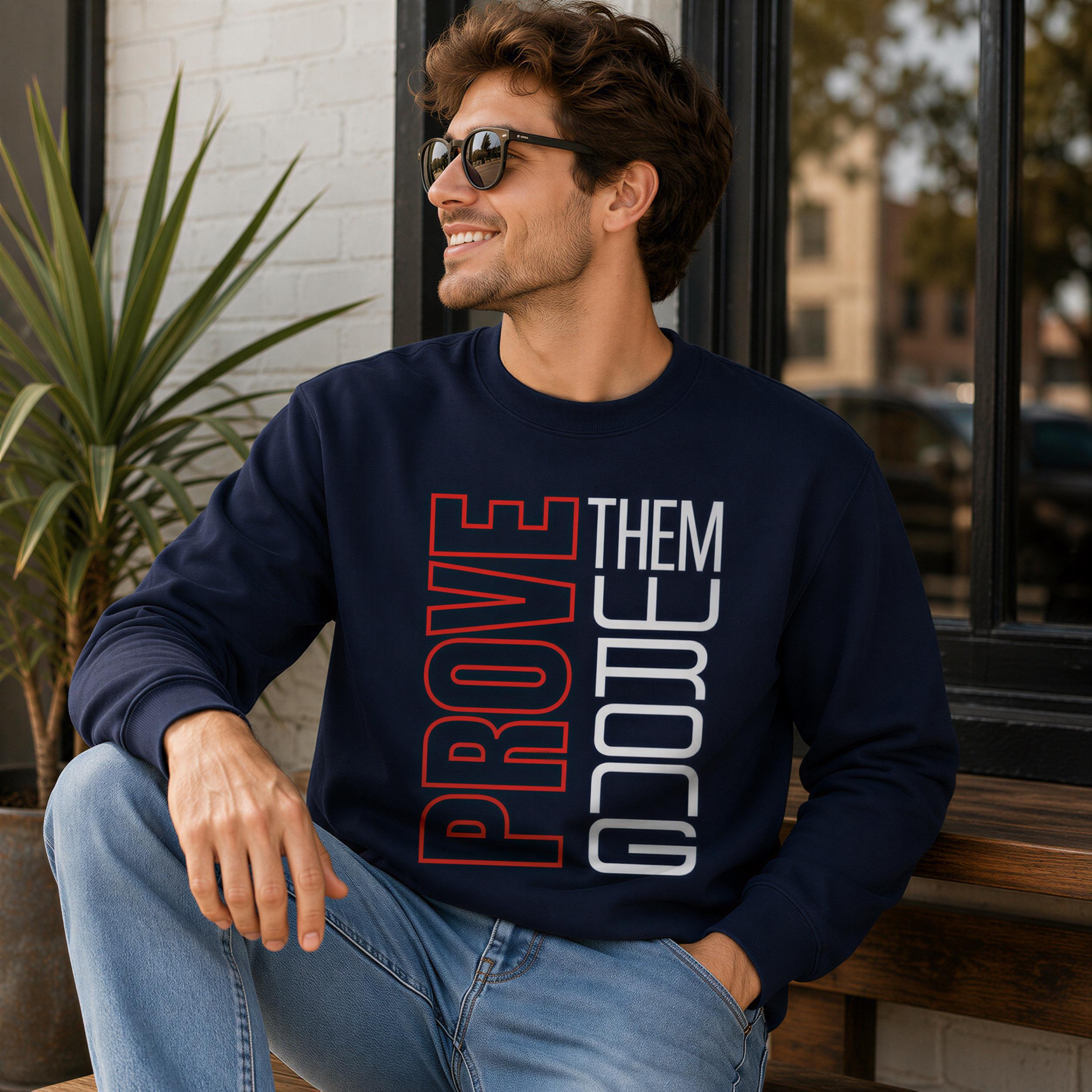 A man wearing a navy blue sweatshirt with the text "PROOVE THEM" is sitting on a bench, smiling and looking to the side.