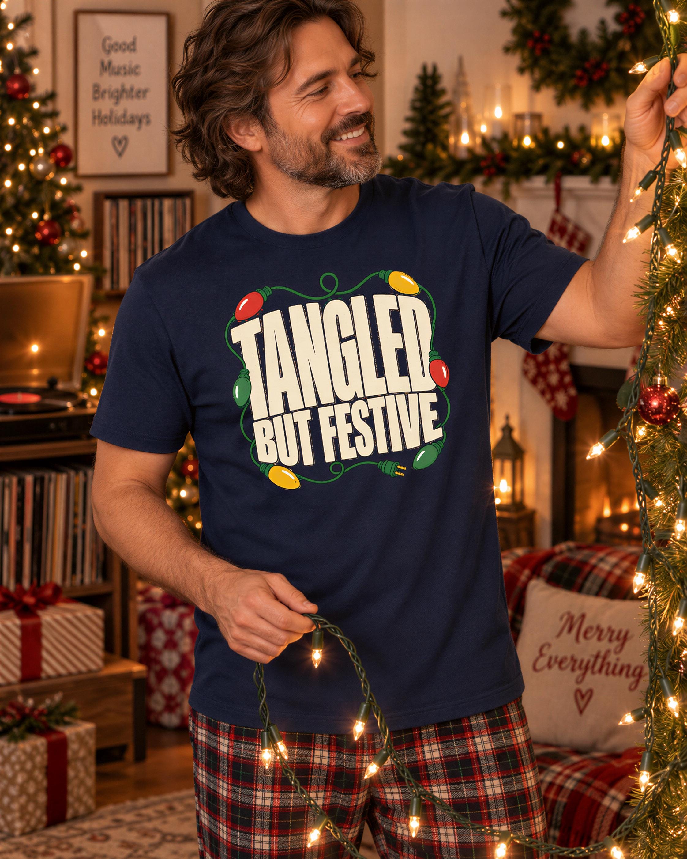 A man wearing a blue t-shirt with the text "Tangled but Festive" is smiling and holding a string of lights in front of a Christmas tree.