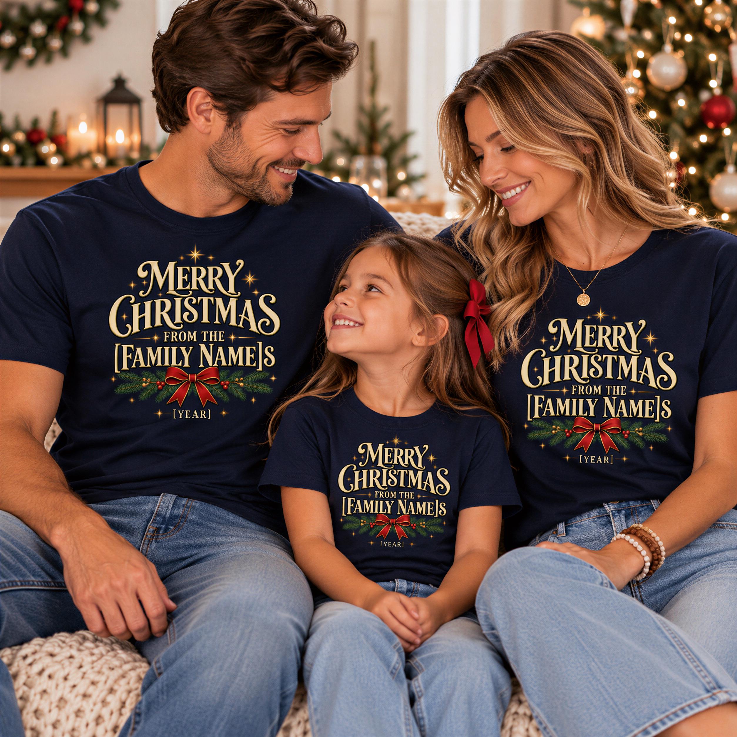 A family of three, consisting of a man, a woman, and a young girl, is sitting together and smiling. They are all wearing matching t-shirts with the text "Merry Christmas from the Family Names" printed on them.