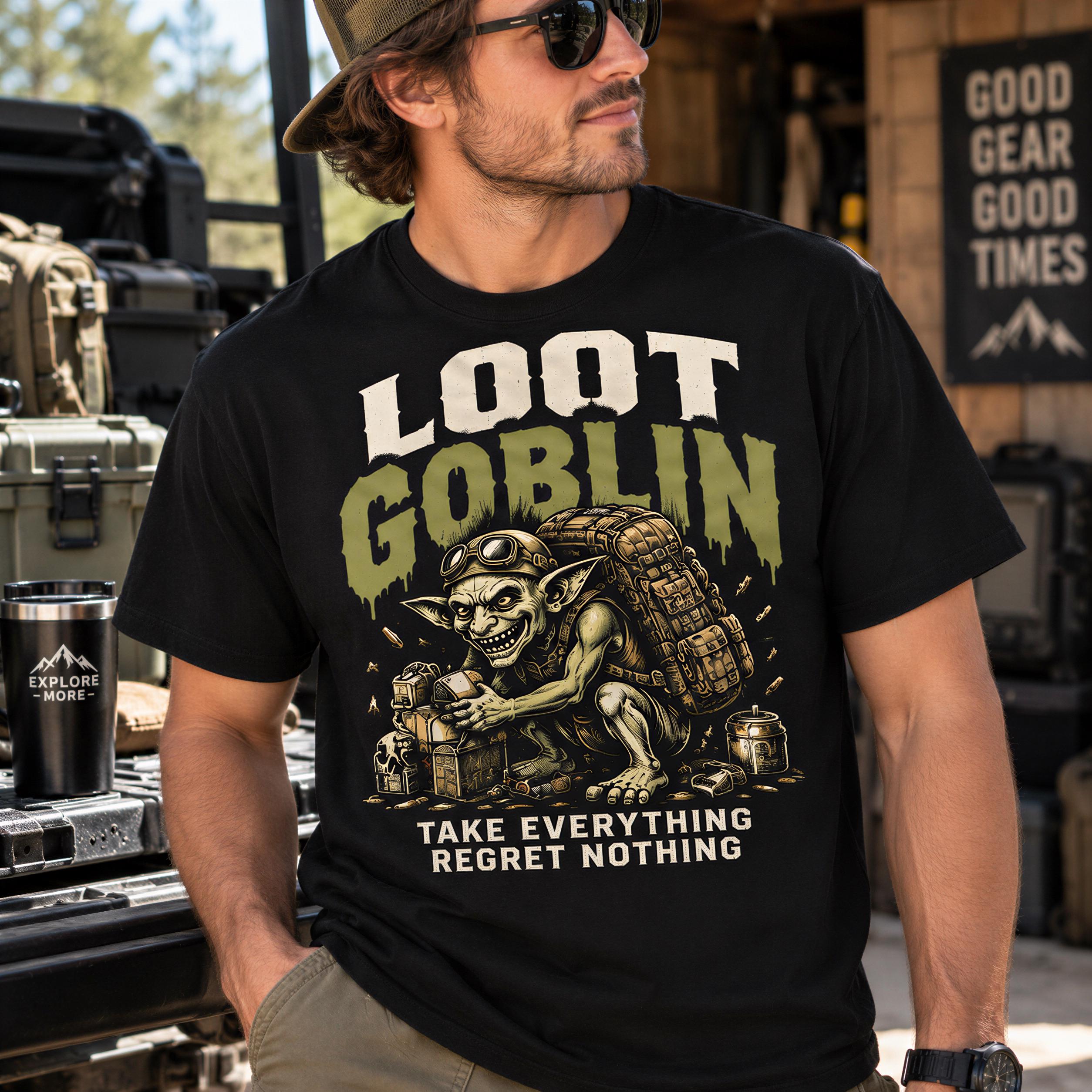 A man wearing a black t-shirt with a graphic design of a gnome-like character and the text "LOT GOBlin" and "Take everything Regret nothing" printed on it.