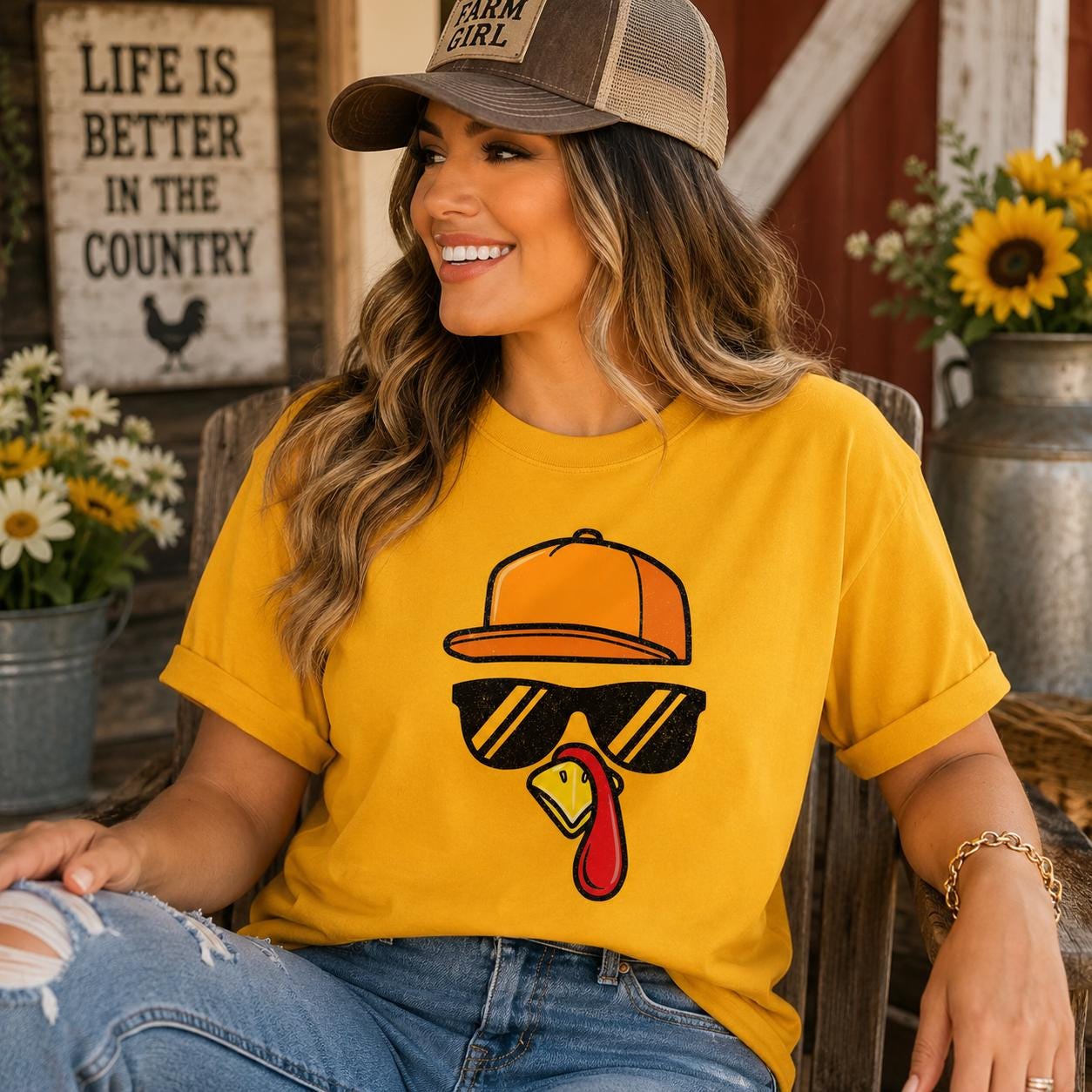A woman wearing a yellow t-shirt with a turkey graphic and sunglasses is sitting on a wooden bench, smiling.