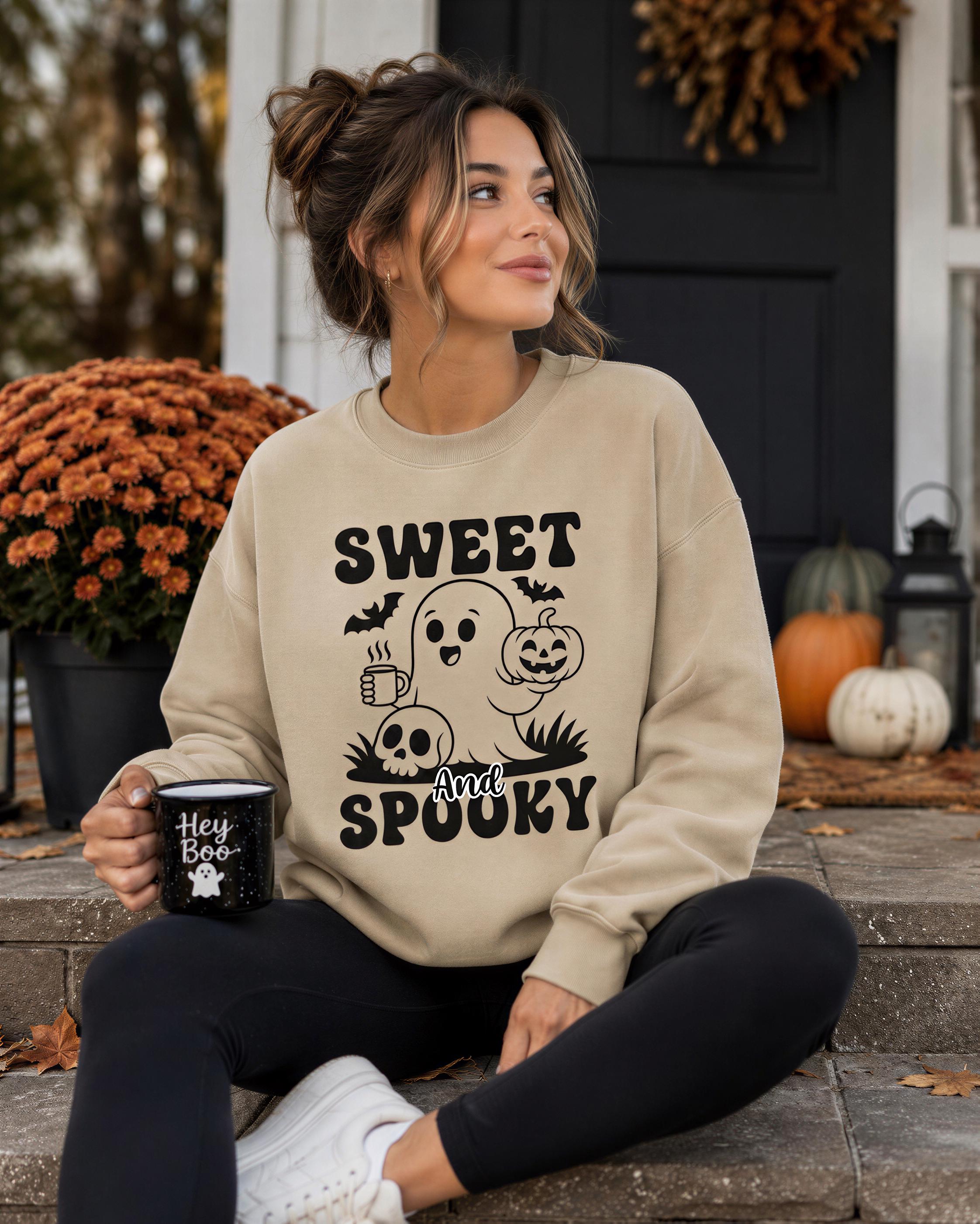 A woman sitting on steps, wearing a beige sweatshirt with a Halloween-themed design, holding a mug and smiling.