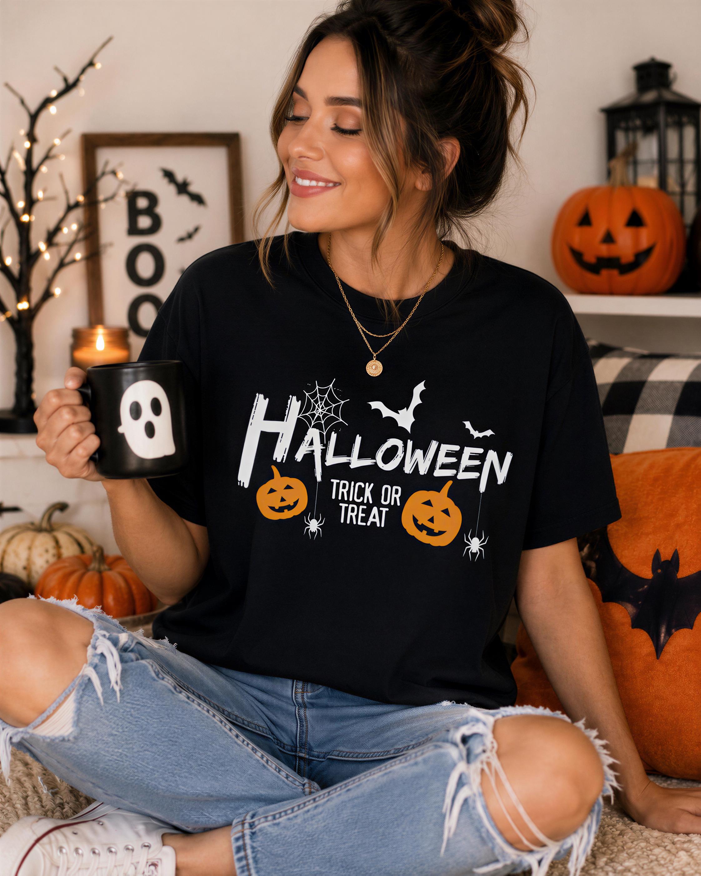A woman wearing a black t-shirt with Halloween text and holding a mug is sitting on a couch surrounded by Halloween decorations, including a jack-o-lantern and a spider web.