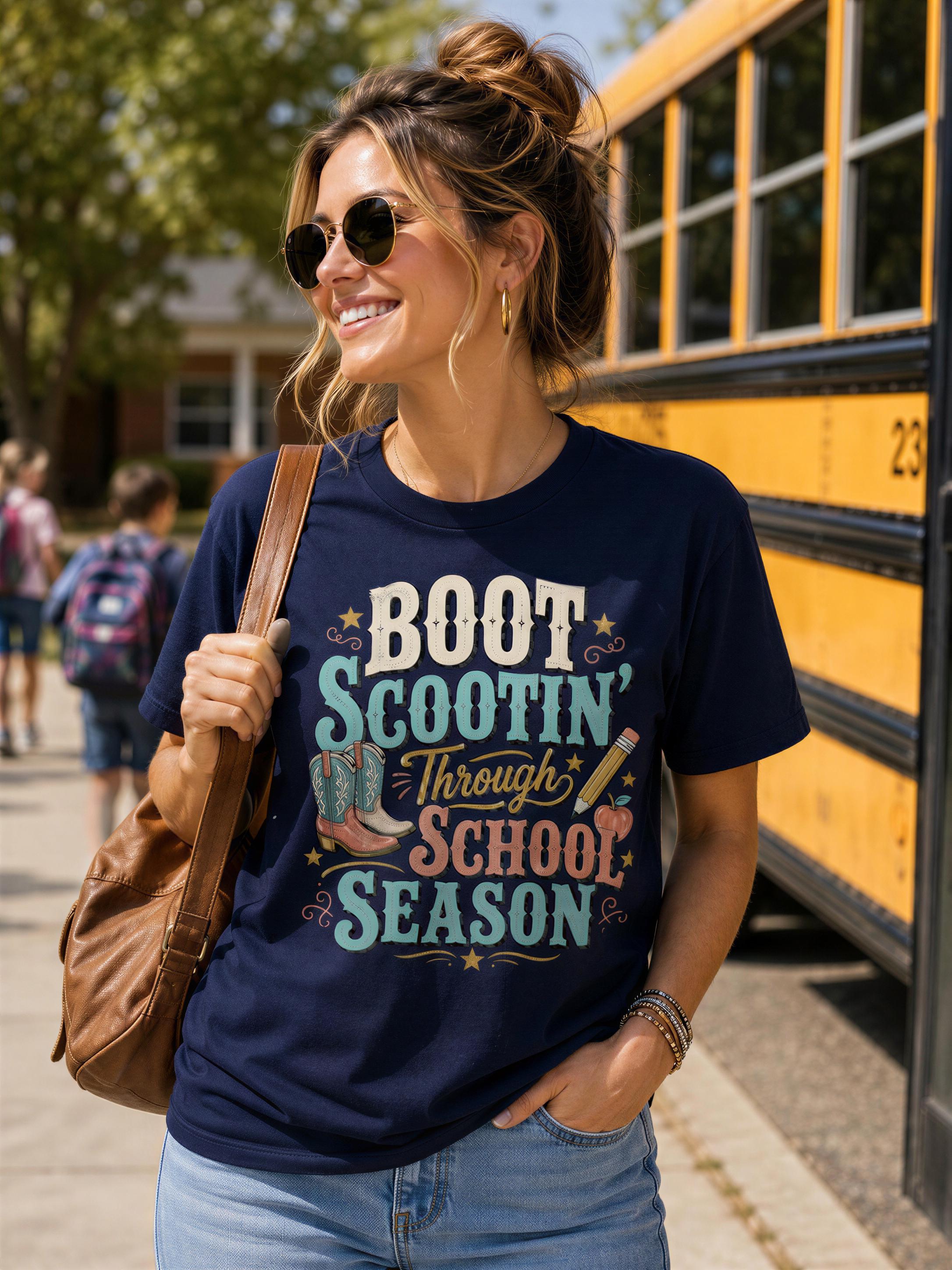 A woman wearing a navy blue t-shirt with a graphic design and sunglasses is standing in front of a yellow school bus.