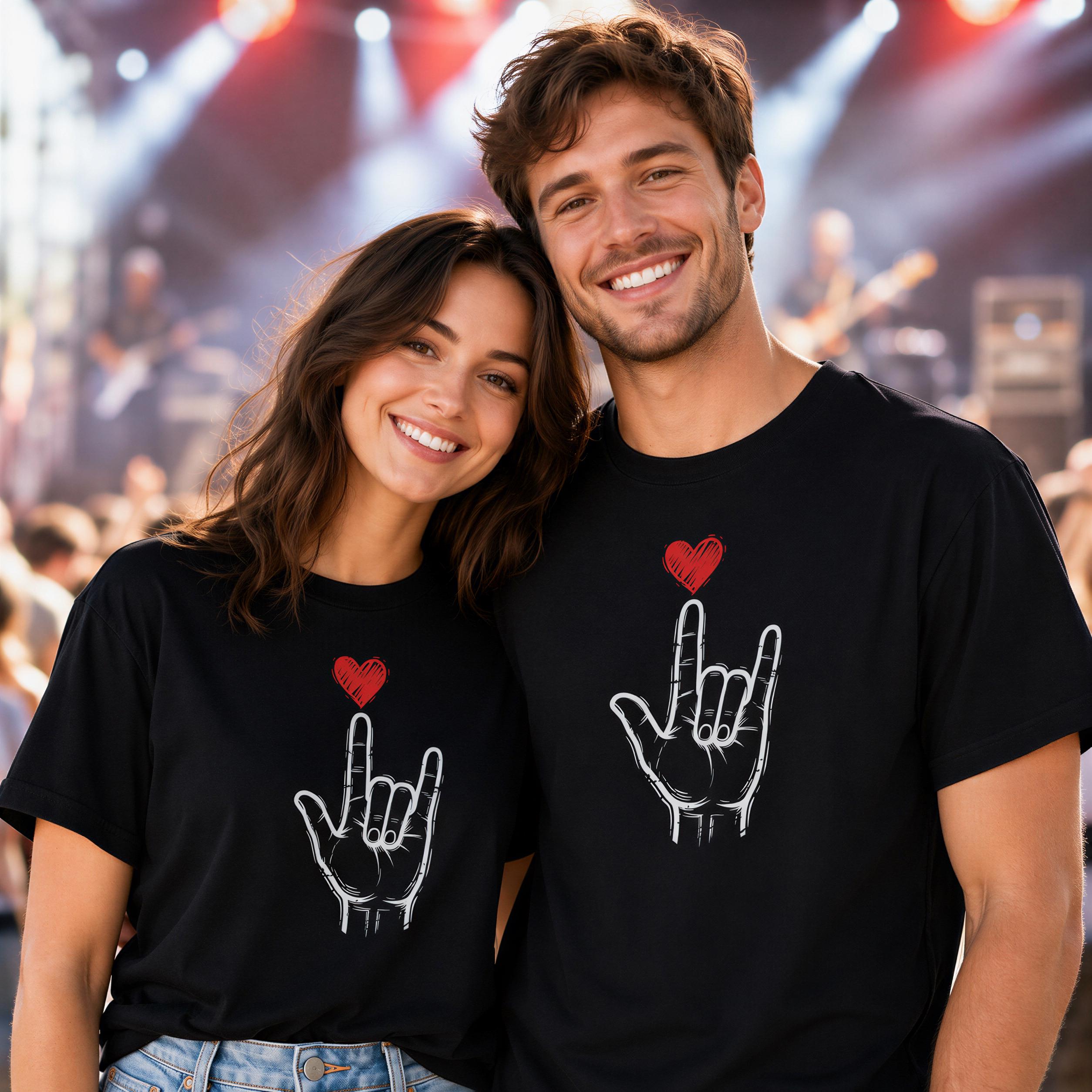 A smiling couple wearing black t-shirts with a hand gesture and a heart symbol, posing together at an event with a blurred background of people.
