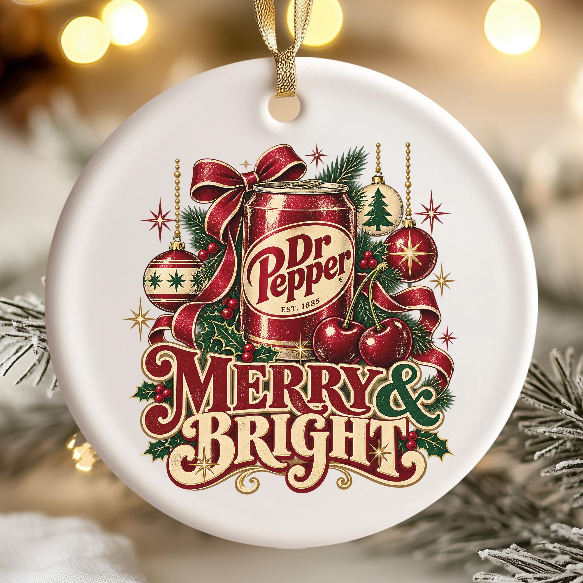 A white ornament with a festive design featuring a can of Dr Pepper, Christmas decorations, and the text "Merry & Bright".
