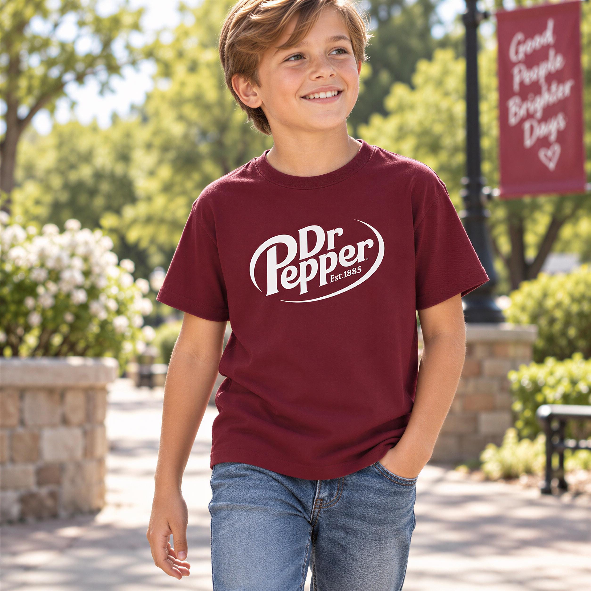 A young boy wearing a red t-shirt with the Dr Pepper logo is walking on a path in a park, smiling and looking up.