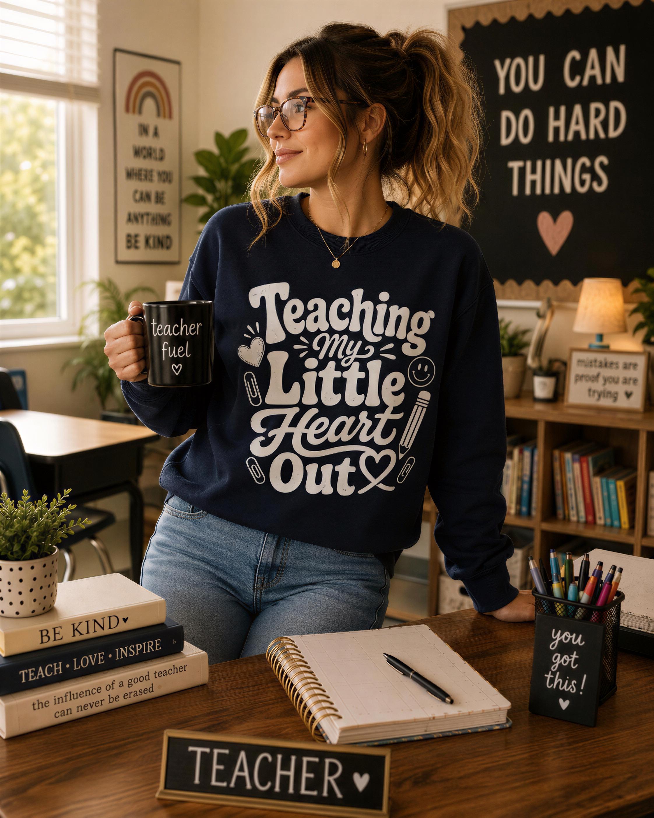 A woman wearing a blue sweatshirt with a humorous text stands in a classroom setting, holding a coffee mug and surrounded by books and other teaching-related items.