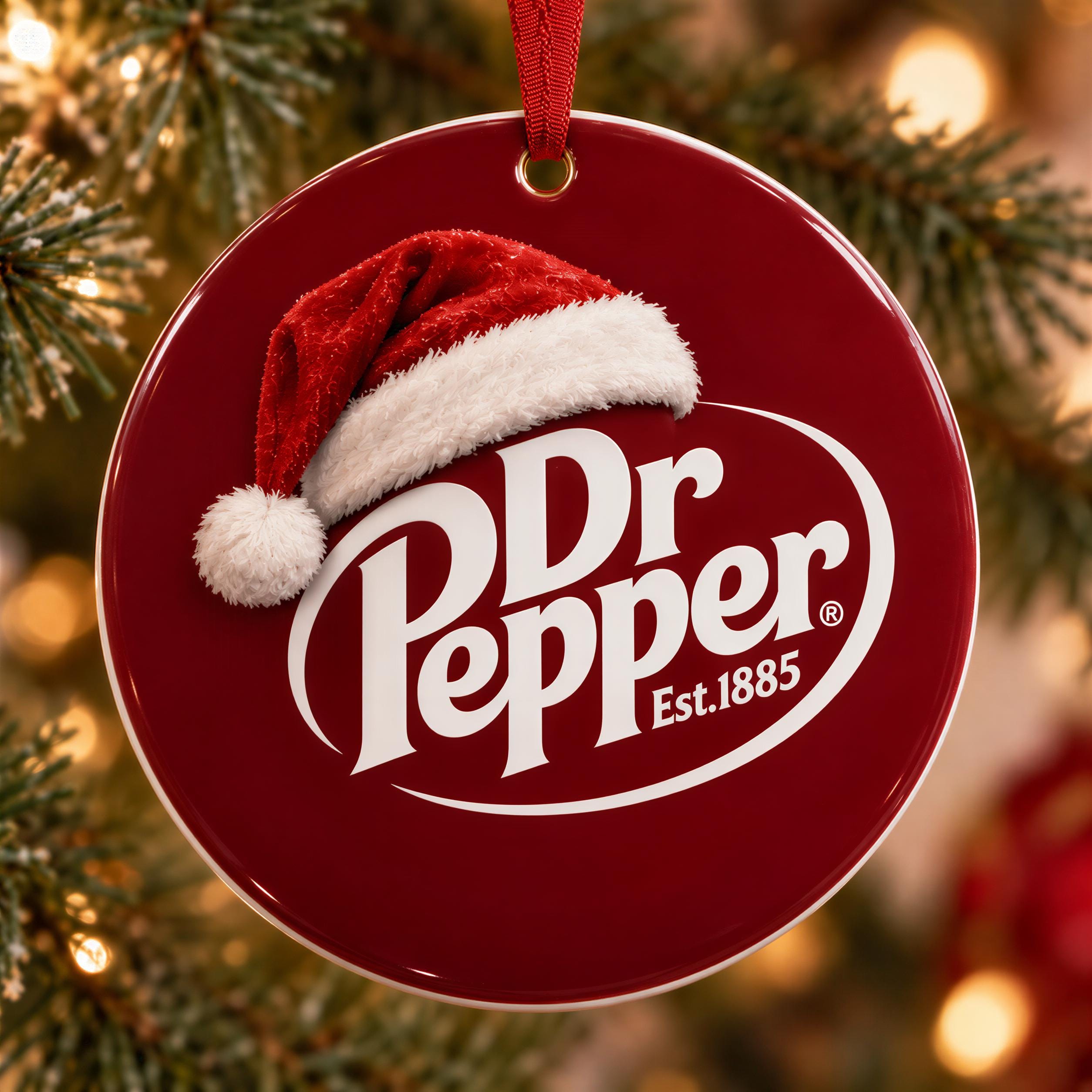 A red ornament with a Santa hat and the Dr Pepper logo hanging on a Christmas tree.