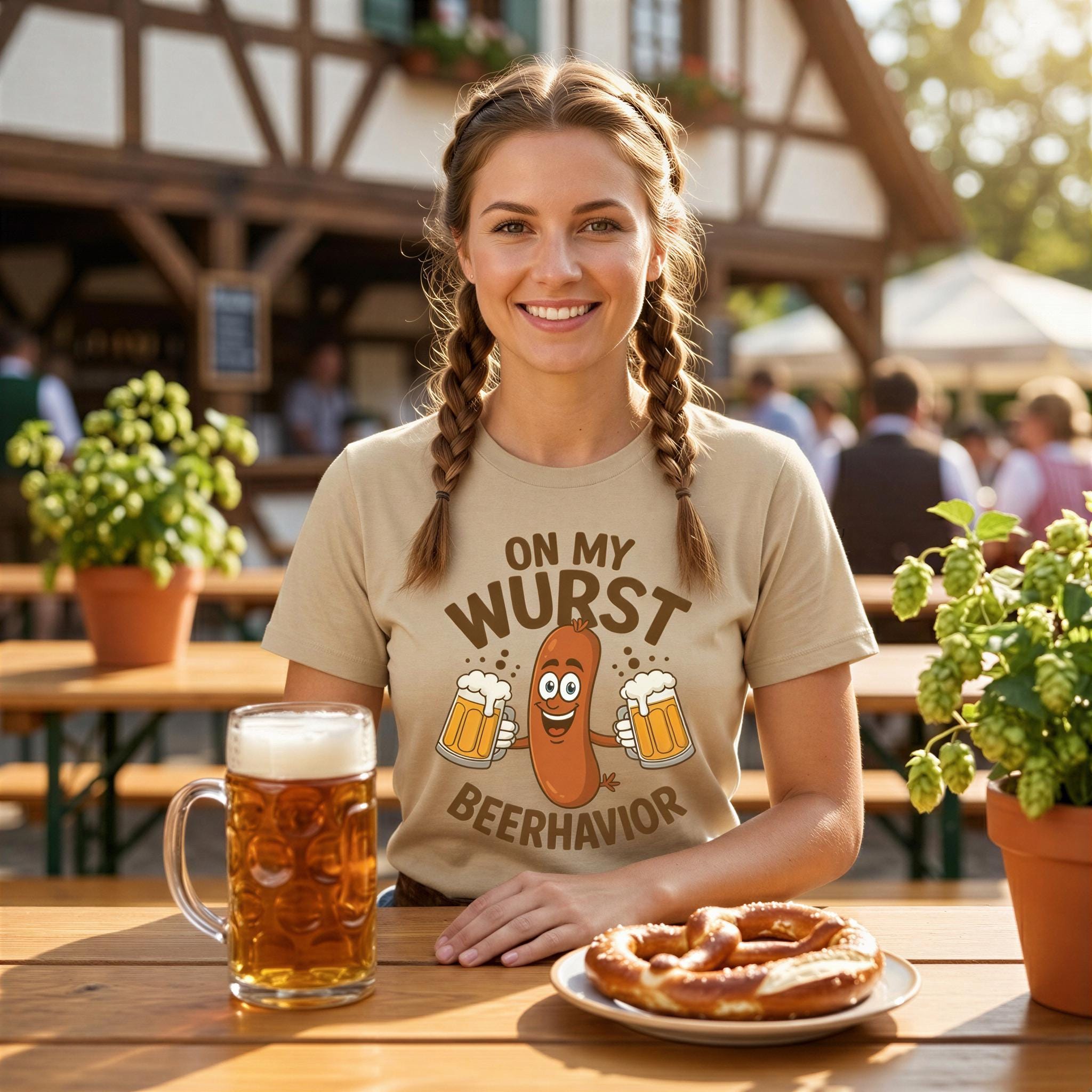 A smiling woman wearing a t-shirt with a humorous graphic stands at a table with a beer mug and a pretzel.