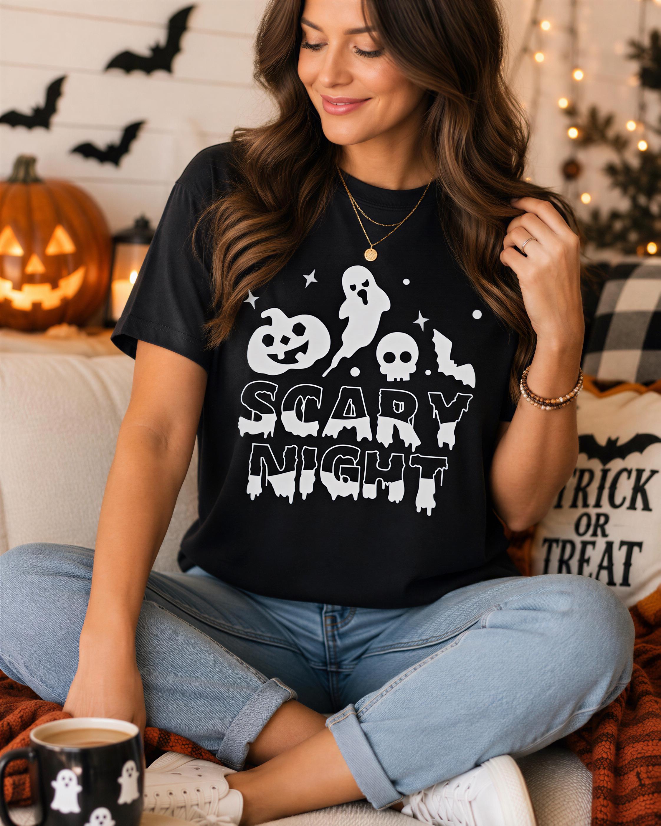 A woman wearing a black t-shirt with a Halloween-themed design sits on a couch, smiling and holding a mug.
