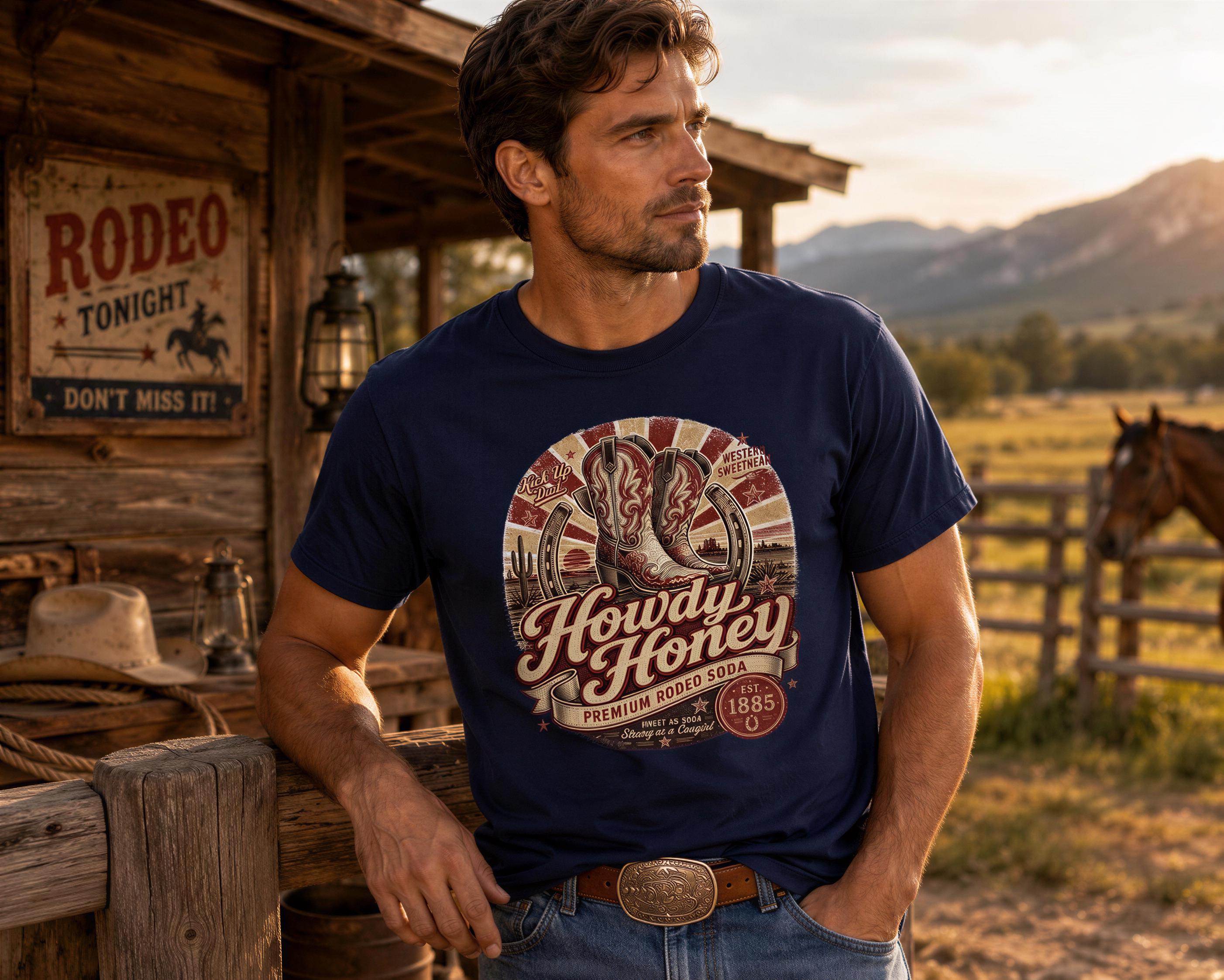 A man wearing a blue t-shirt with a graphic design stands in front of a wooden structure, with a horse visible in the background.