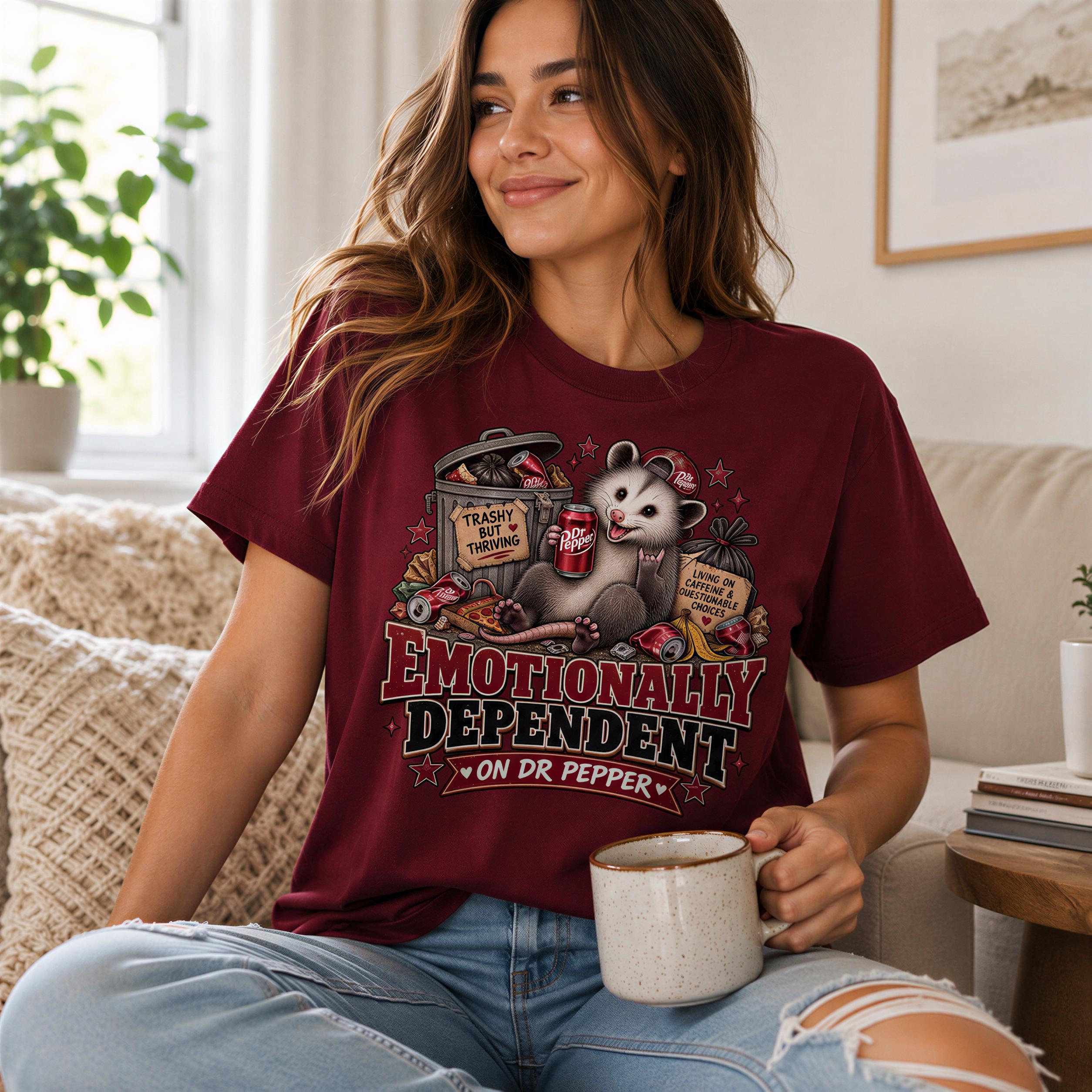 A woman wearing a burgundy t-shirt with a graphic design of an opossum holding a sign that says "Emotionally Dependent" and a mug, sitting on a couch and smiling.