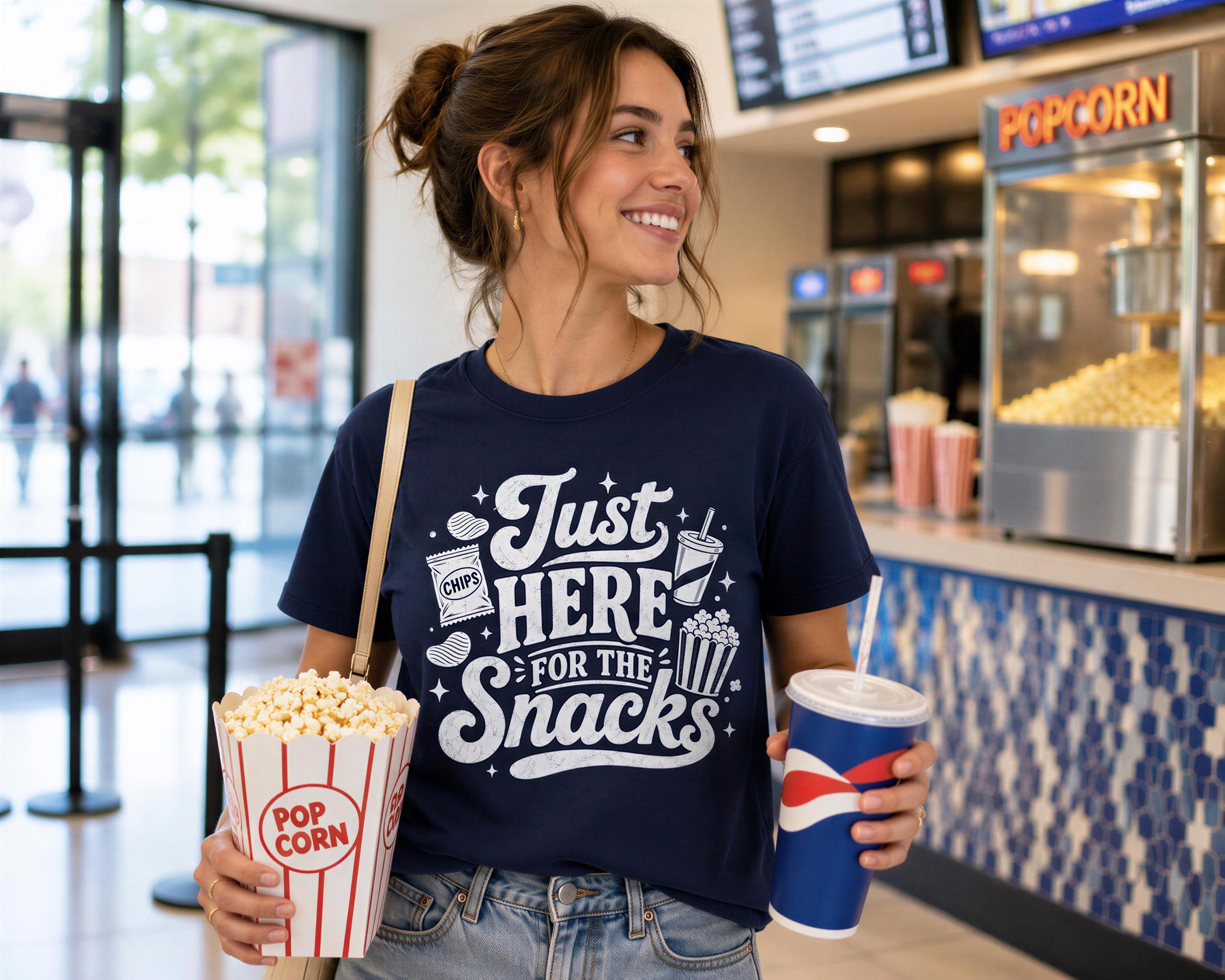 A woman is standing in a movie theater holding a large bucket of popcorn and a drink, smiling and looking to the side.