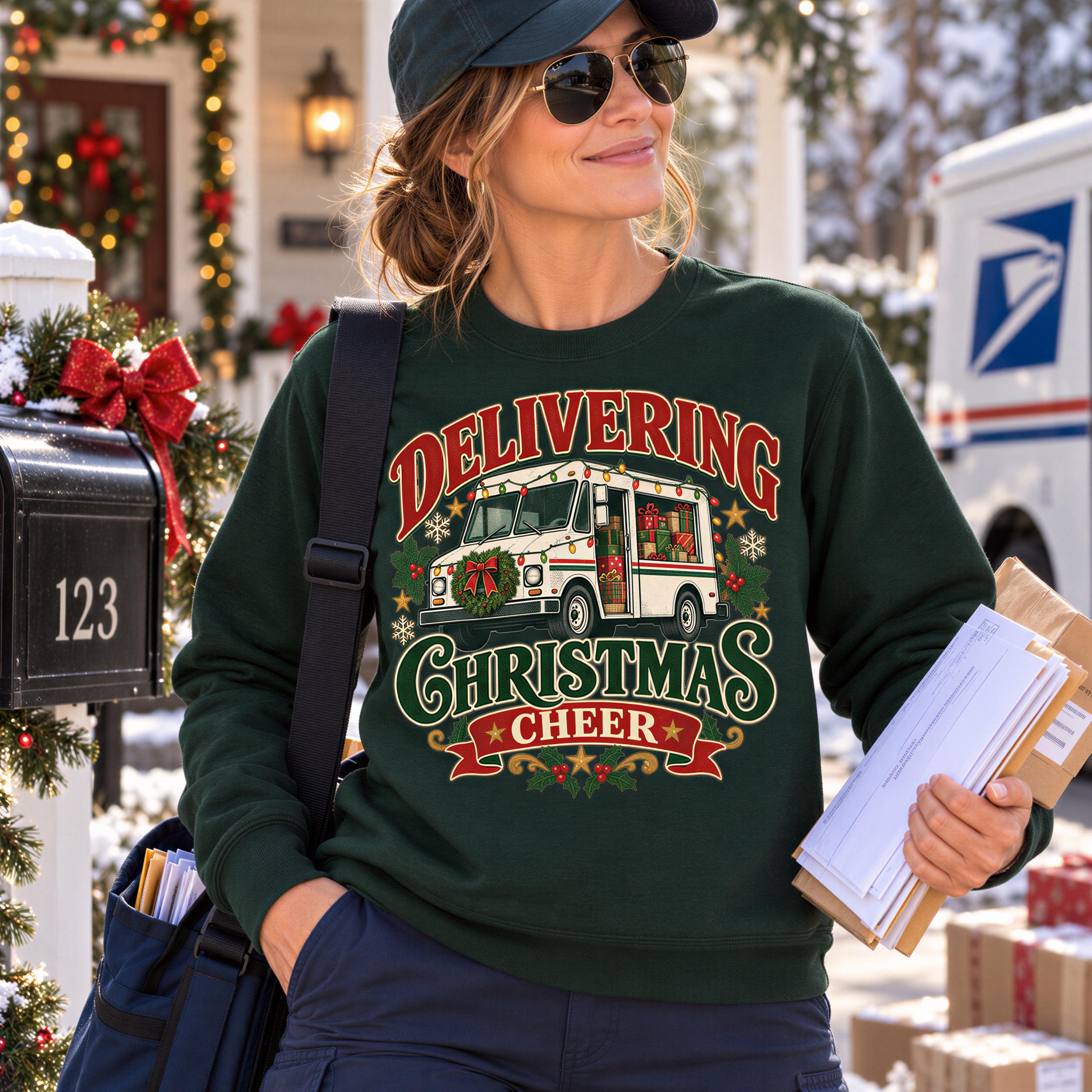 A woman wearing a green sweatshirt with a Christmas-themed design stands in front of a mailbox and a mail truck, holding a stack of mail.